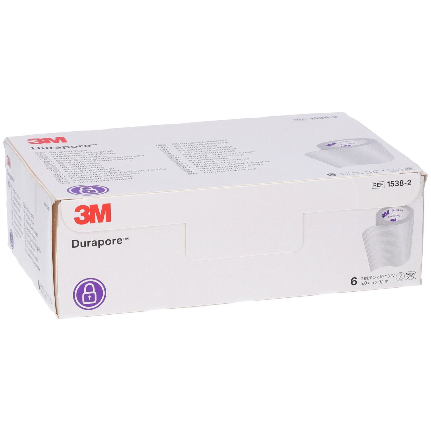 Confezione bianca 3M Durapore. Contiene 6 rotoli. Scritto: 5 cm x 9,1 m. Dispositivo medico.
