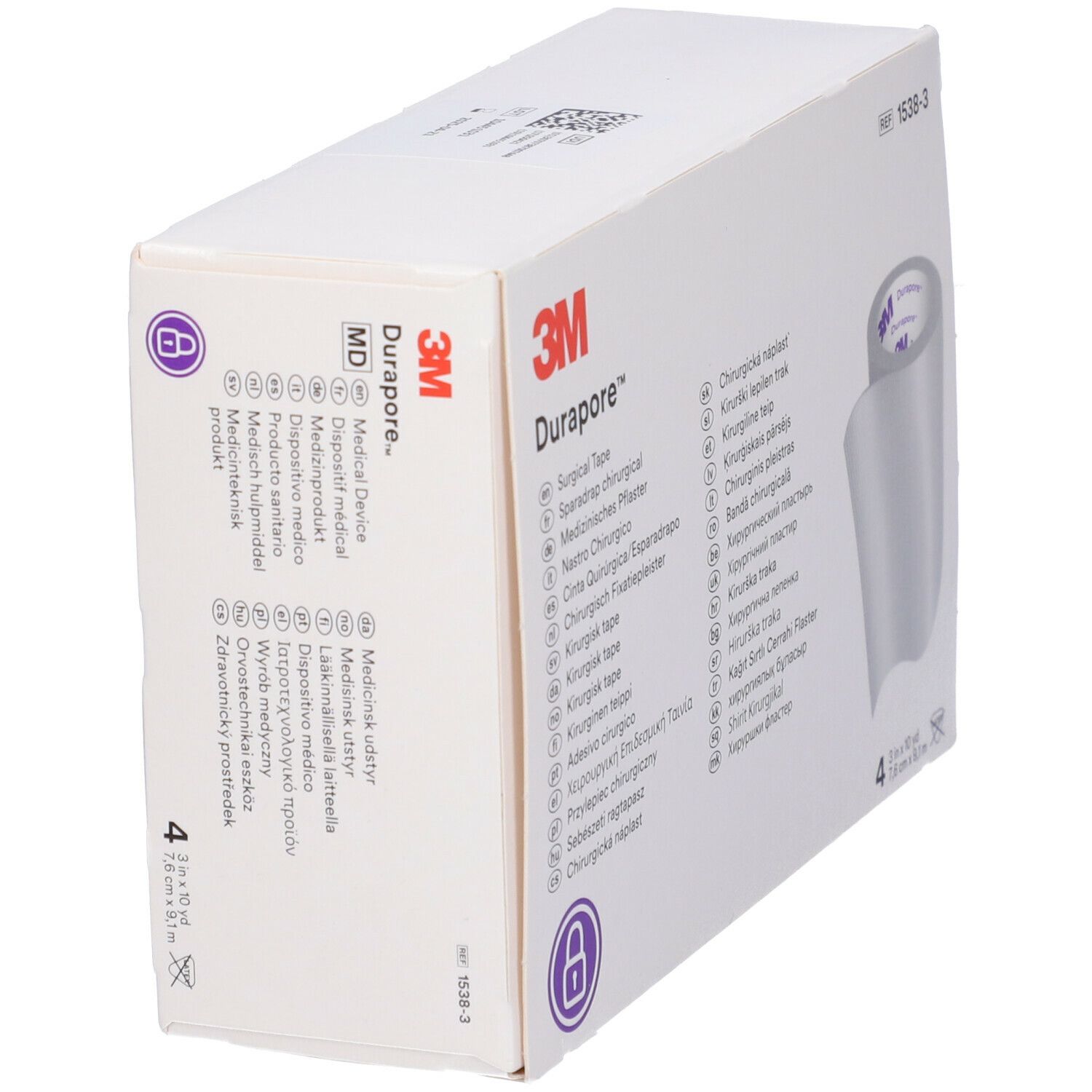 Confezione bianca inclinata con nastro chirurgico 3M Durapore. Contiene 4 rotoli. Scritte multilingue.