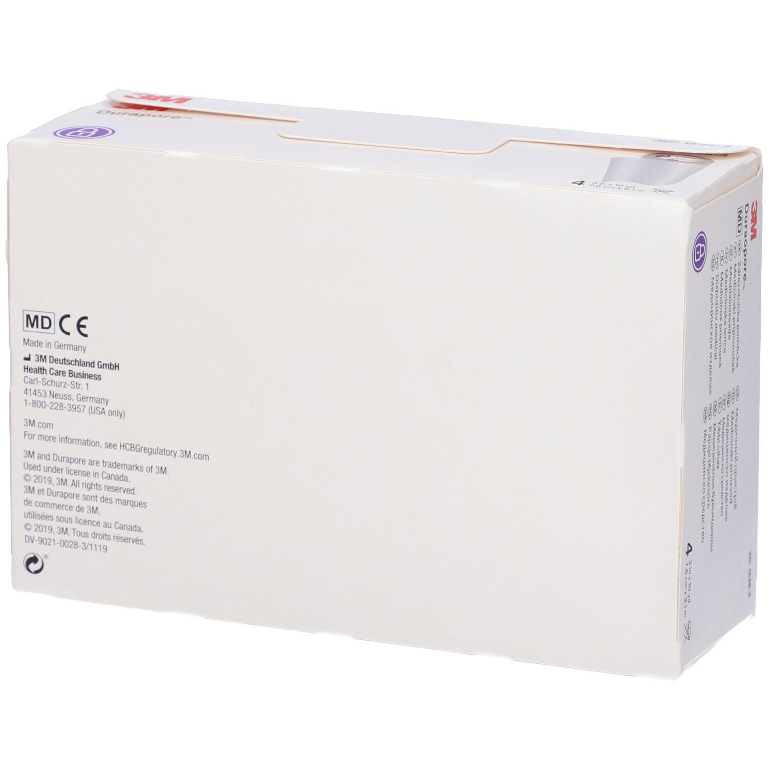 Retro di una confezione bianca con logo 3M e informazioni. Contiene informazioni su 3M Deutschland GmbH e contatti.