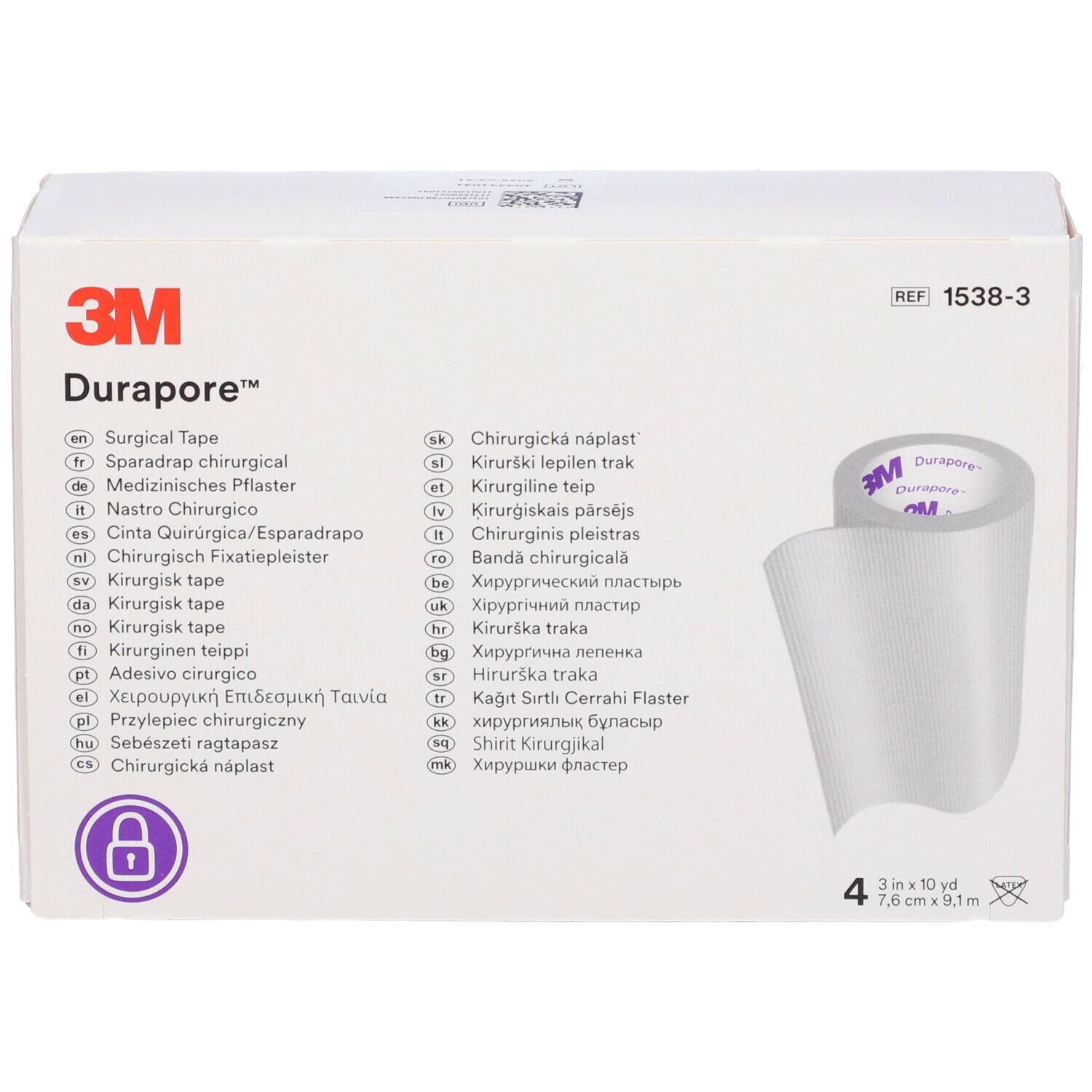 Confezione bianca con nastro chirurgico 3M Durapore. Contiene 4 rotoli da 7,6 cm x 9,1 m. Scritte multilingue.