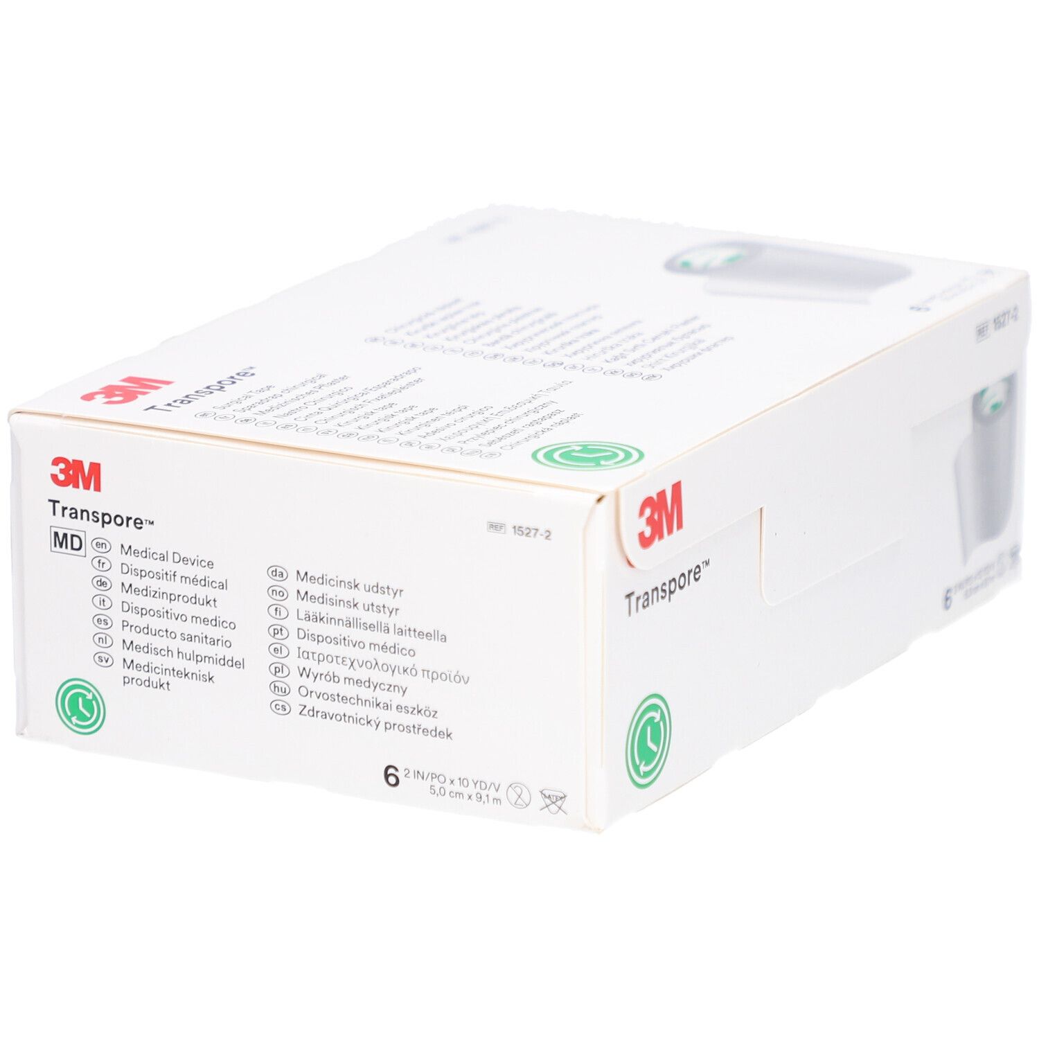 Scatola bianca 3M Transpore. L'imballaggio mostra rotoli di nastro adesivo. Contiene 6 rotoli.