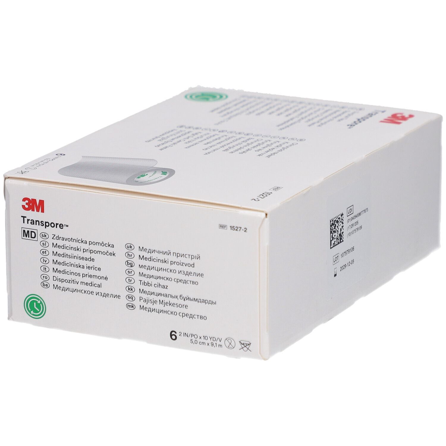 Scatola bianca 3M Transpore. L'imballaggio mostra rotoli di nastro adesivo. Contiene 6 rotoli.