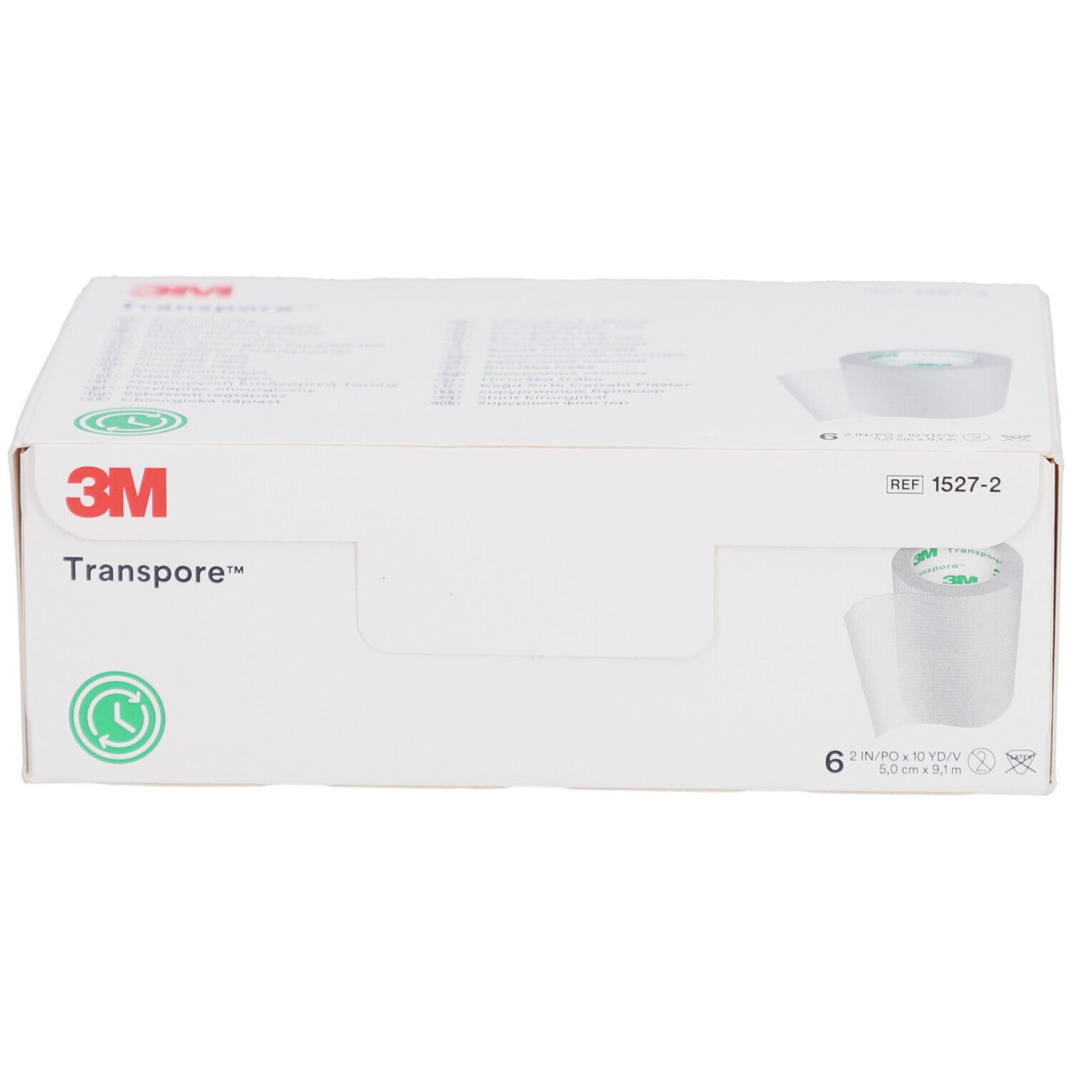 Scatola bianca 3M Transpore. L'imballaggio mostra rotoli di nastro adesivo. Contiene 6 rotoli.