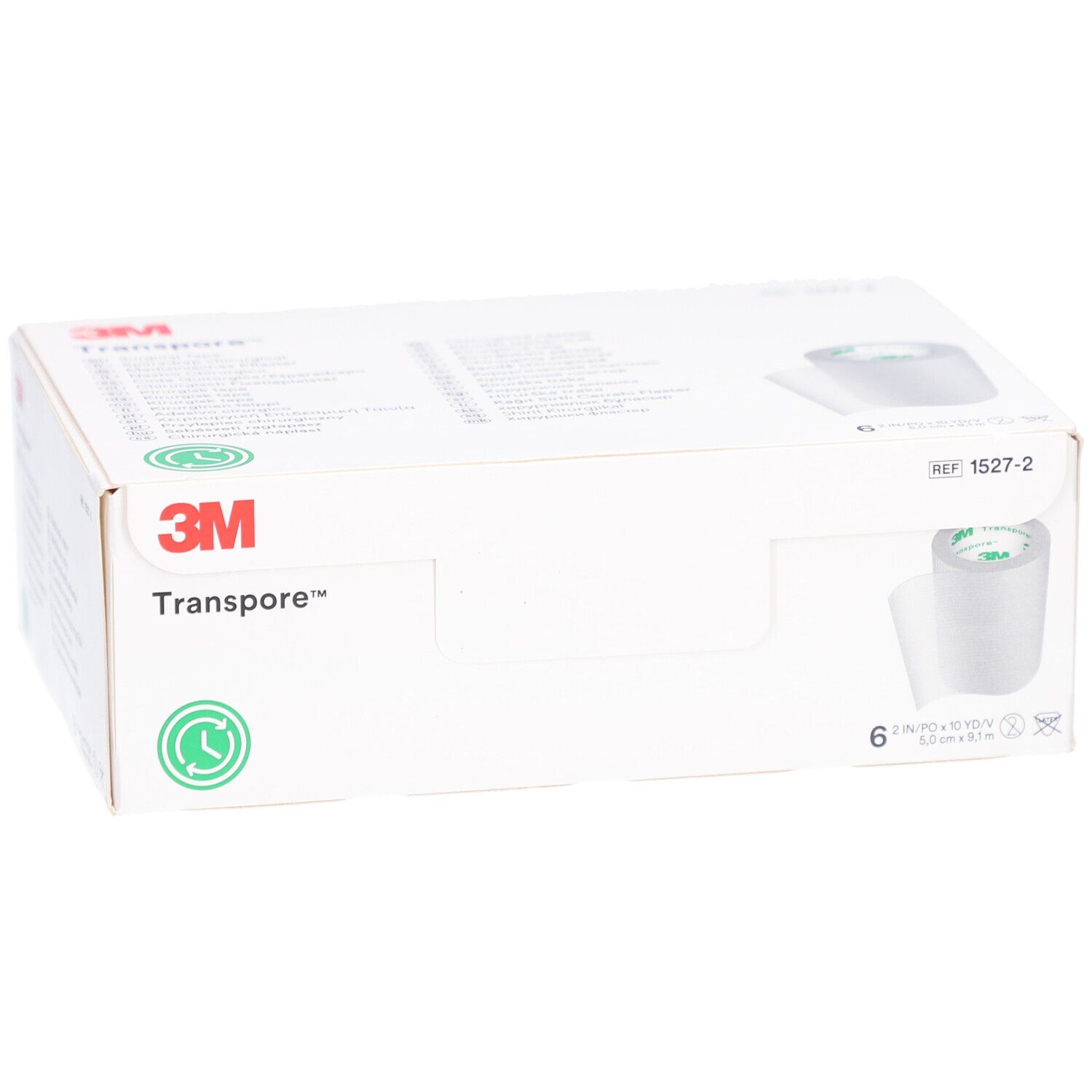 Scatola bianca 3M Transpore. L'imballaggio mostra rotoli di nastro adesivo. Contiene 6 rotoli.