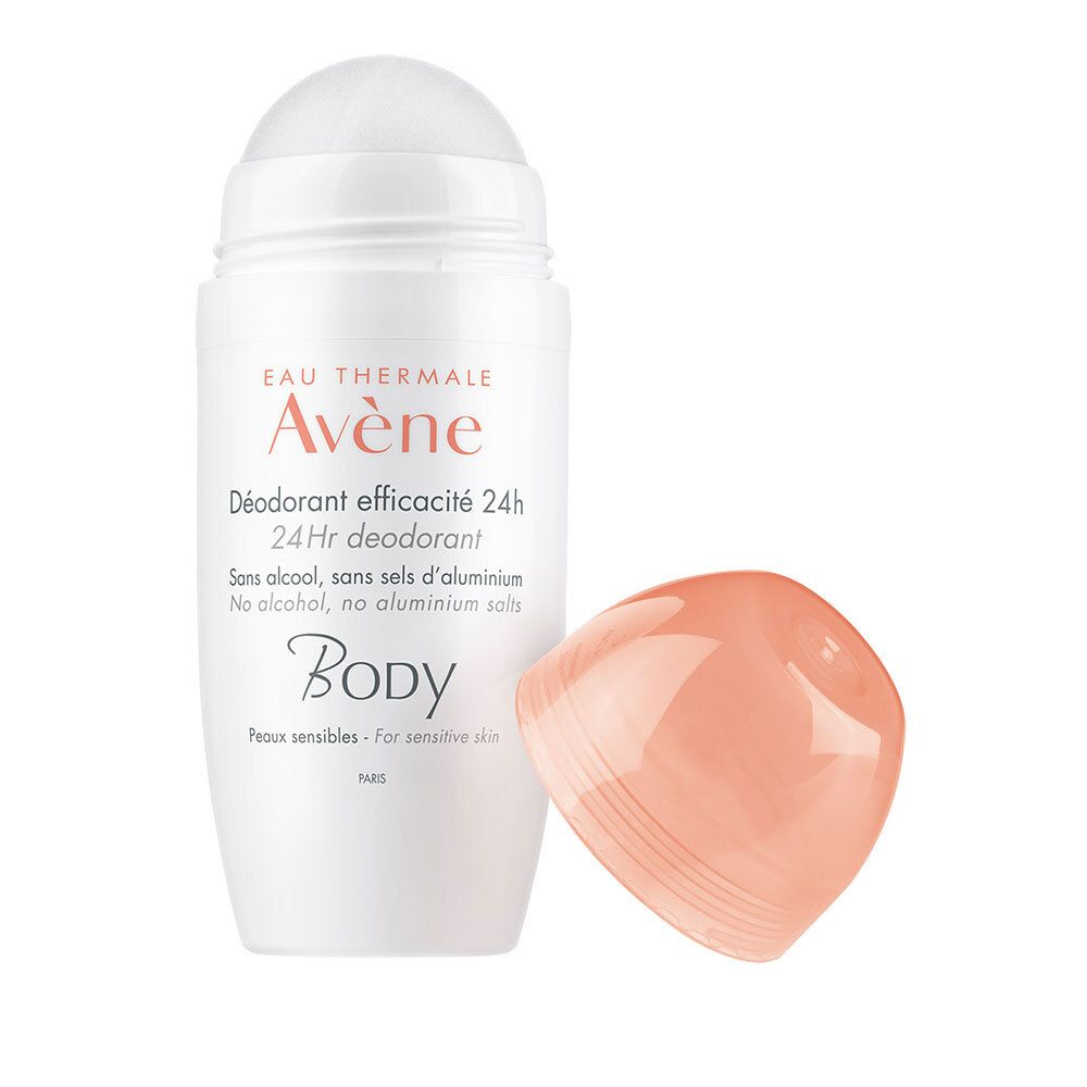 Deodorante roll-on bianco con tappo rosa rimosso. Scritta: Eau Thermale Avène, Deodorante 24h, Body. Per pelli sensibili.