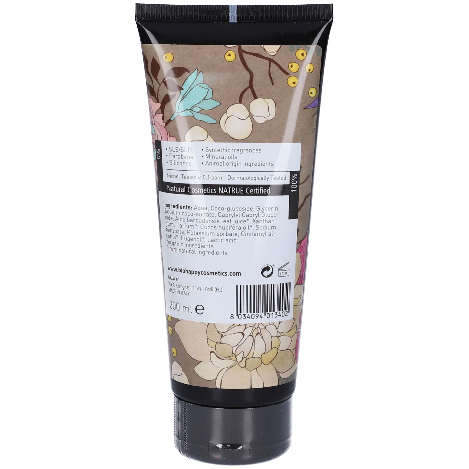 Retro del tubo di gel doccia Bio Happy Coc Lilla. Ingredienti, certificazione e indicazione del volume.