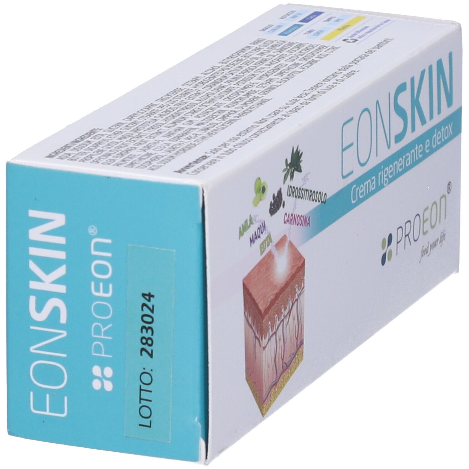 Confezione inclinata. Scritta EONSKIN Crema rigenerante e detox. Logo PROEON. Rappresentazione della pelle. Numero di lotto.