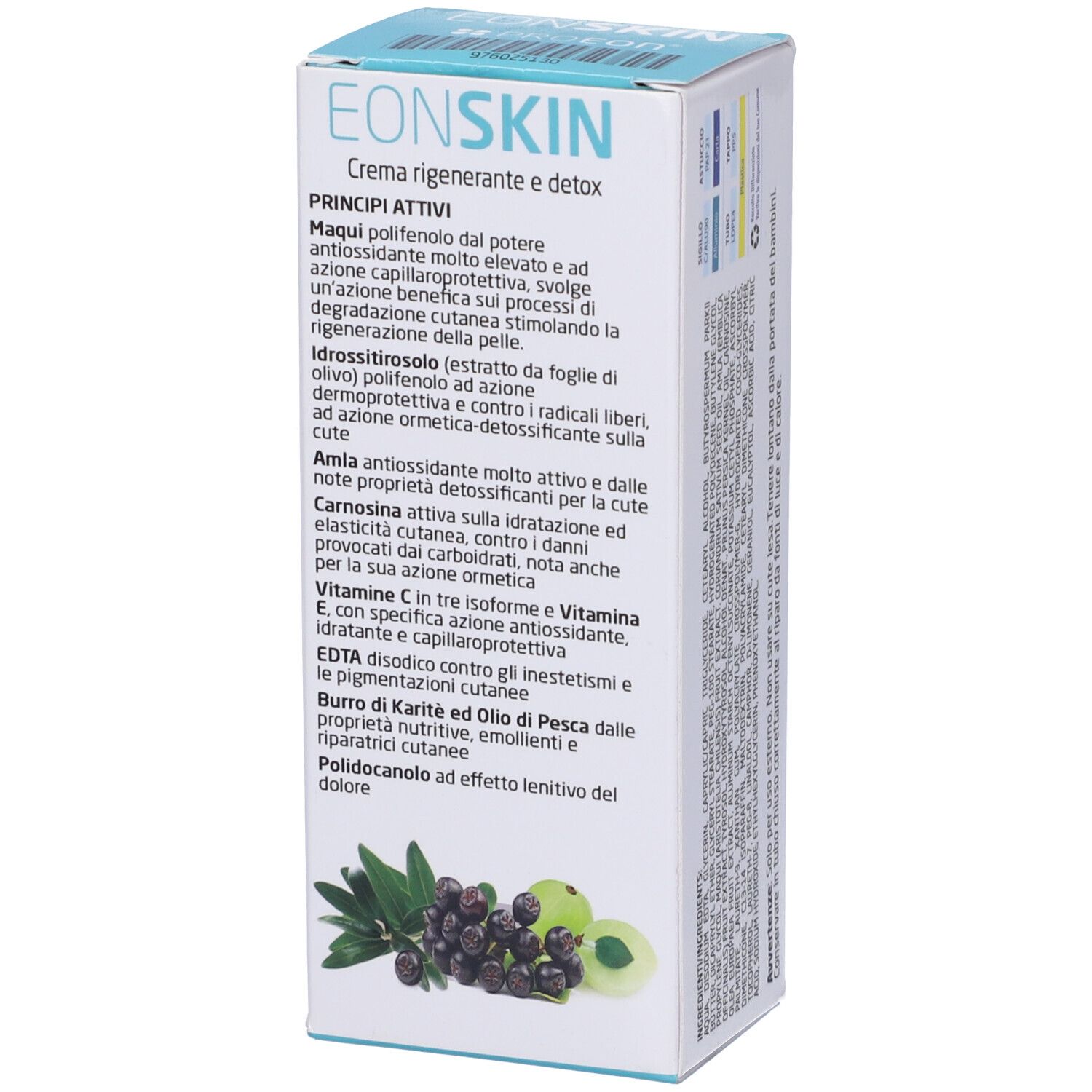 Confezione con testo. Scritta EONSKIN Crema rigenerante e detox. Ingredienti e istruzioni per l'uso.
