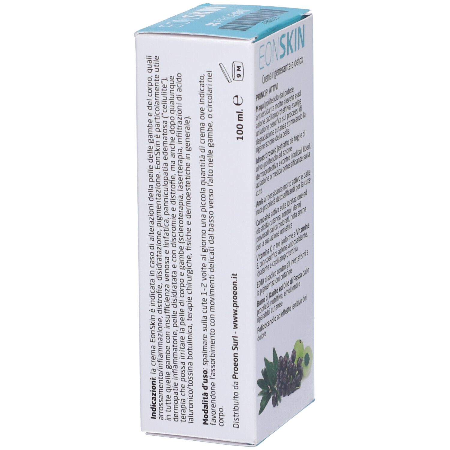 Confezione con testo. Scritta EONSKIN Crema rigenerante e detox. Istruzioni per l'uso e ingredienti.