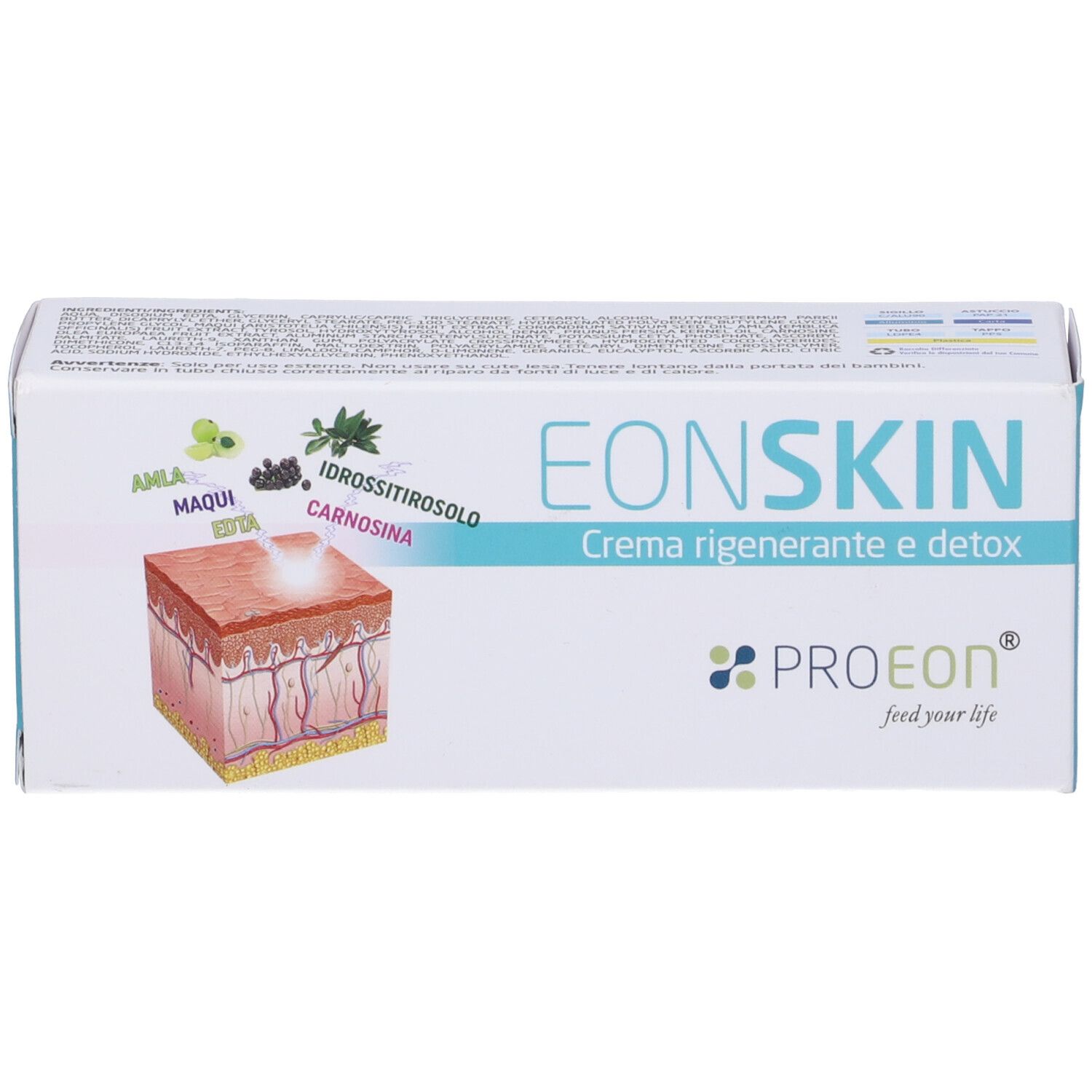 Confezione. Scritta EONSKIN Crema rigenerante e detox. Logo PROEON. Rappresentazione della pelle.