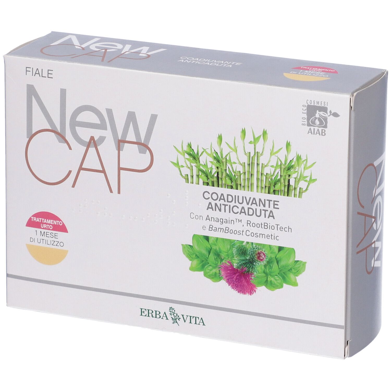 Confezione del prodotto. Scritta: New Cap, Coadiuvante Anticaduta. Logo Erba Vita. Certificazione AIAB.