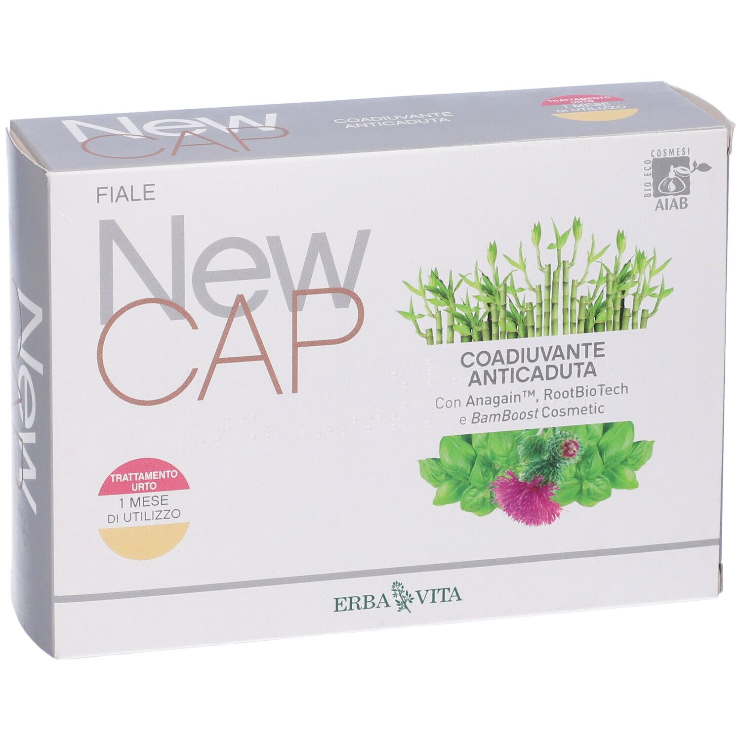 Confezione del prodotto. Scritta: New Cap, Coadiuvante Anticaduta. Logo Erba Vita. Certificazione AIAB.