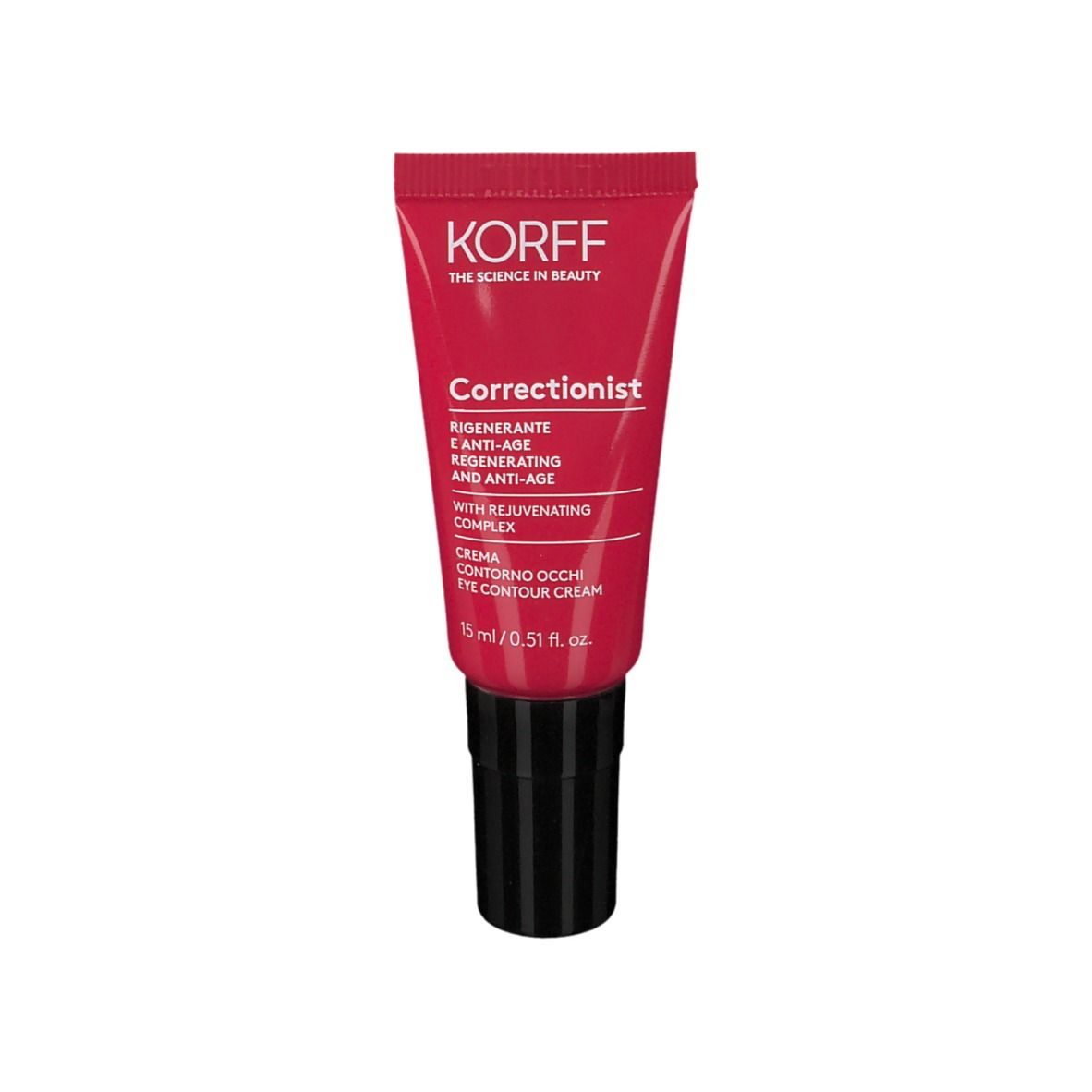 Tubo rosso con tappo nero. Scritta: KORFF, Correctionist crema contorno occhi, 15 ml.