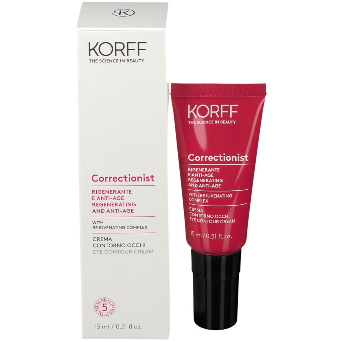 Scatola con tubo. Scritta: KORFF, Correctionist crema contorno occhi, 15 ml. Con certificazione.