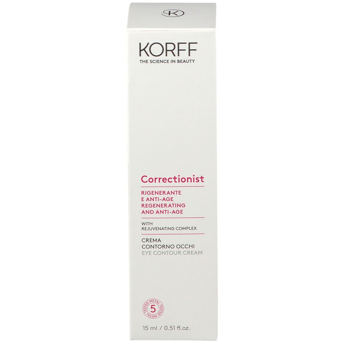 Scatola. Scritta: KORFF, Correctionist crema contorno occhi, 15 ml. Con certificazione.