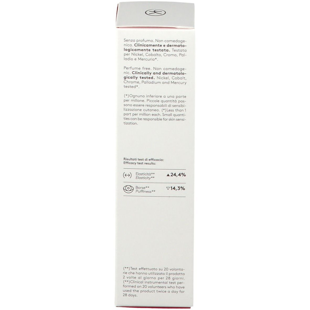 Scatola. Testo: Senza profumo. Clinicamente e dermatologicamente testato. Risultati dei test.