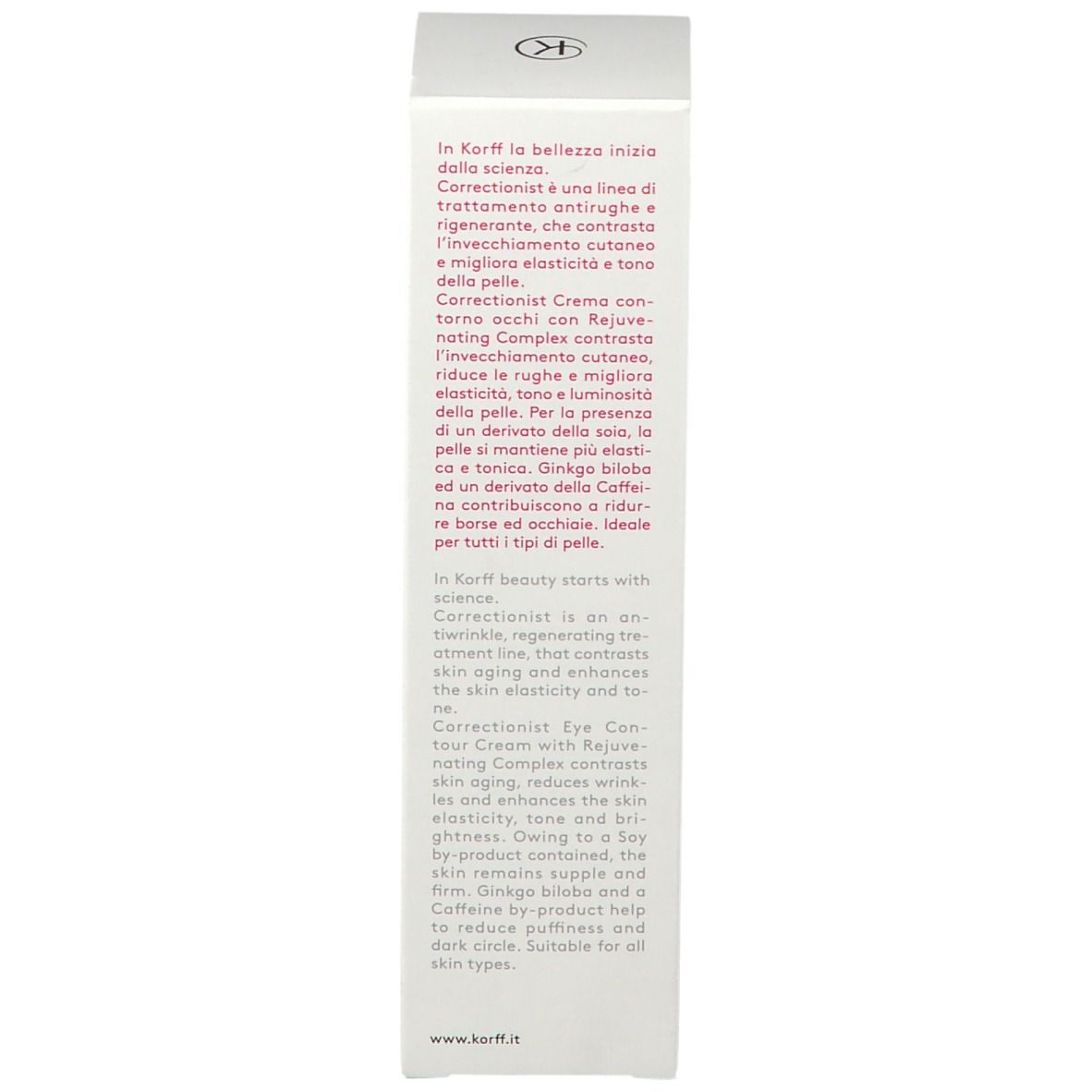 Scatola. Testo: In Korff la bellezza inizia dalla scienza. Descrizione del prodotto.