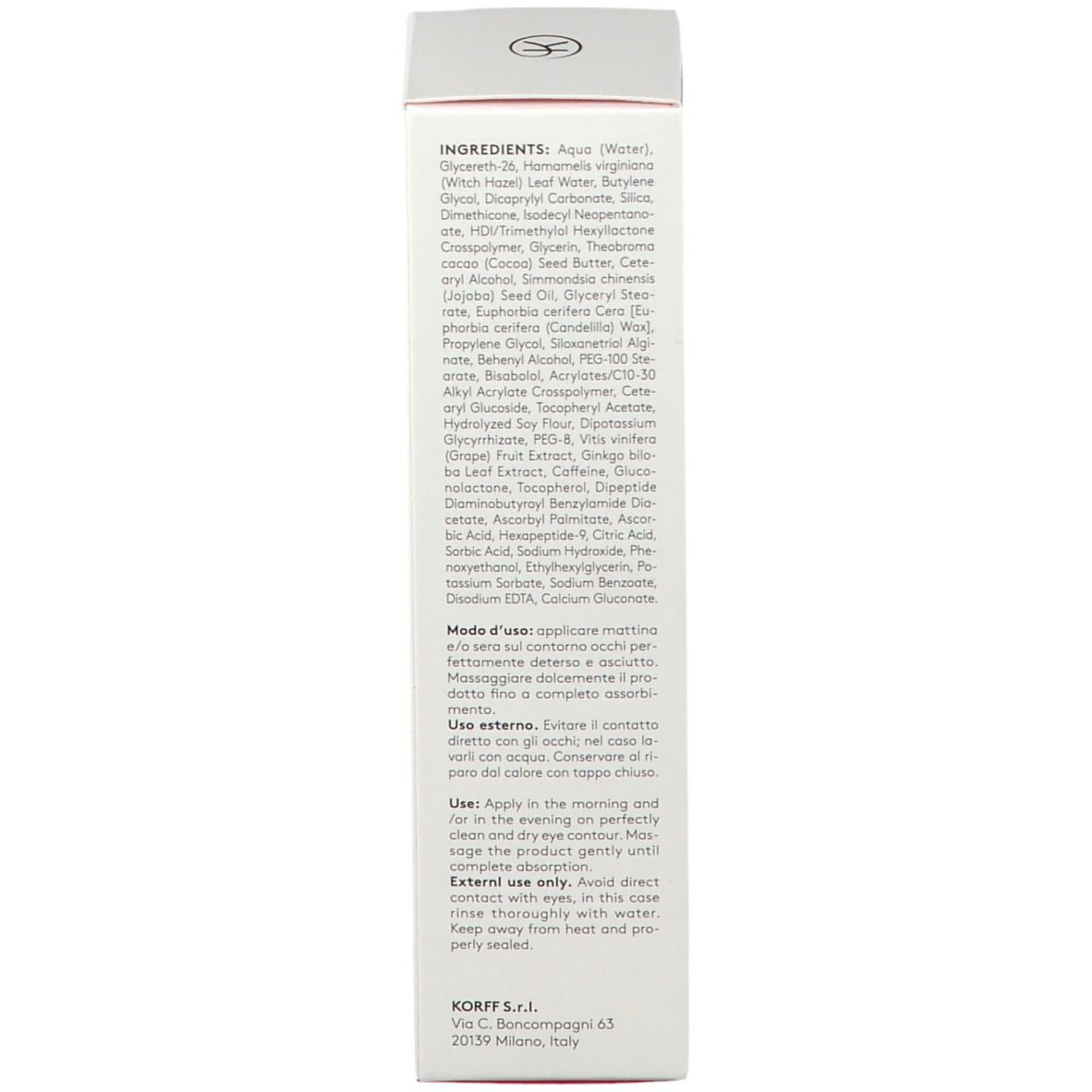 Scatola. Testo: Ingredienti. Modo d'uso. Solo per uso esterno.