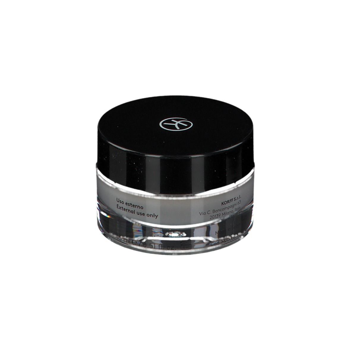 Crema contorno occhi KORFF. Vasetto di vetro con coperchio nero. Logo. Testo: Superlative, crema contorno occhi. Complesso nutriente.