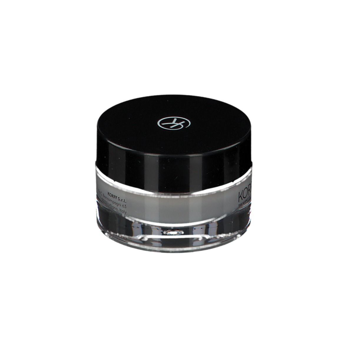 Crema contorno occhi KORFF. Vasetto di vetro con coperchio nero. Logo. Testo: Superlative, crema contorno occhi. Complesso nutriente.