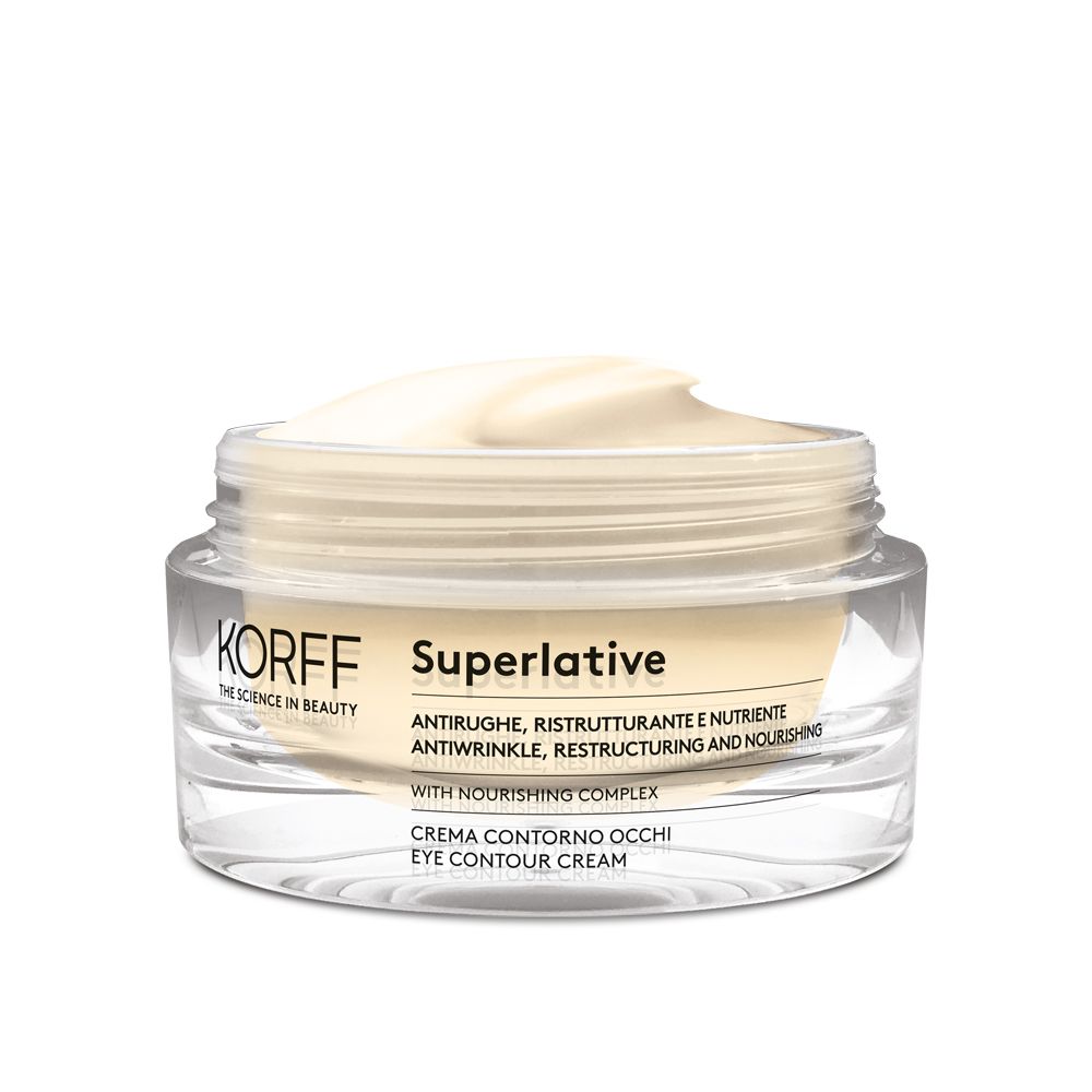 Crema contorno occhi KORFF. Vasetto di vetro con coperchio nero. Crema visibile. Testo: Superlative, crema contorno occhi. Complesso nutriente.