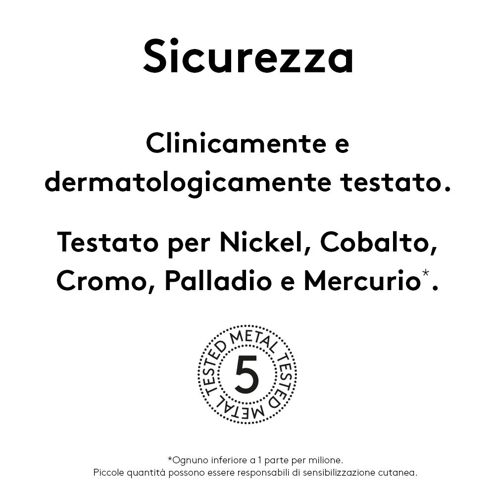 Testo sui test dermatologici e sui test dei metalli. Logo con il numero 5.