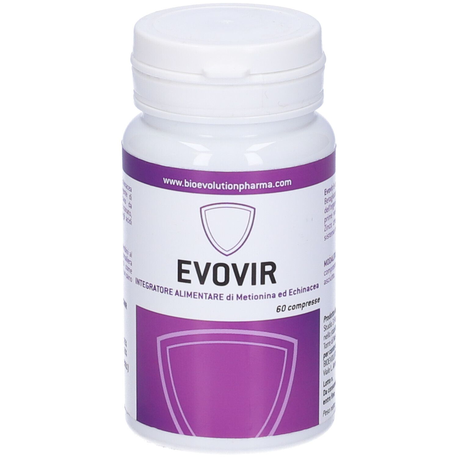 Flacone bianco con etichetta viola. Scritta: EVOVIR, 60 compresse. Logo e indirizzo del sito web.
