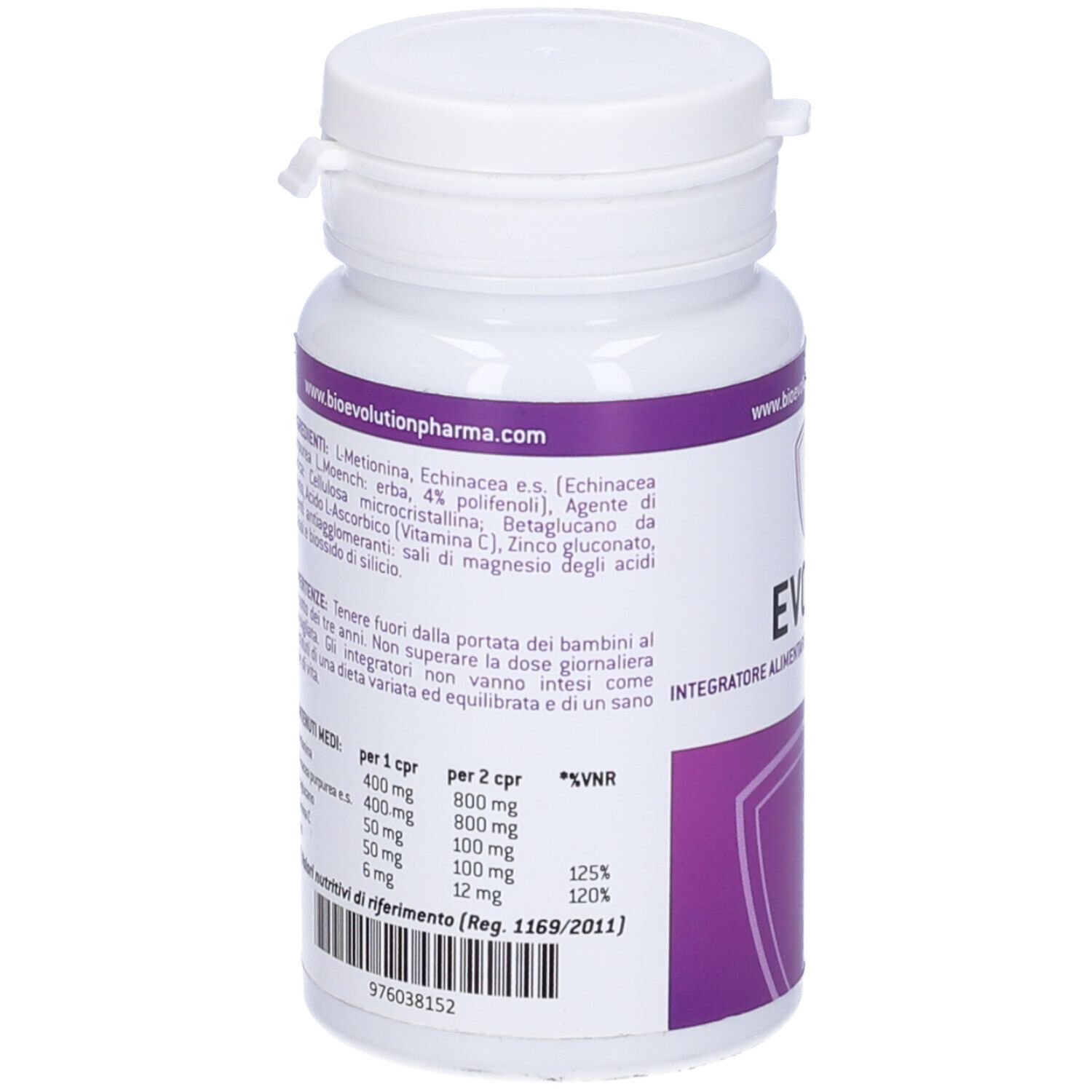 Flacone bianco con testo e informazioni sugli ingredienti. Etichetta viola con logo. Indirizzo del sito web.