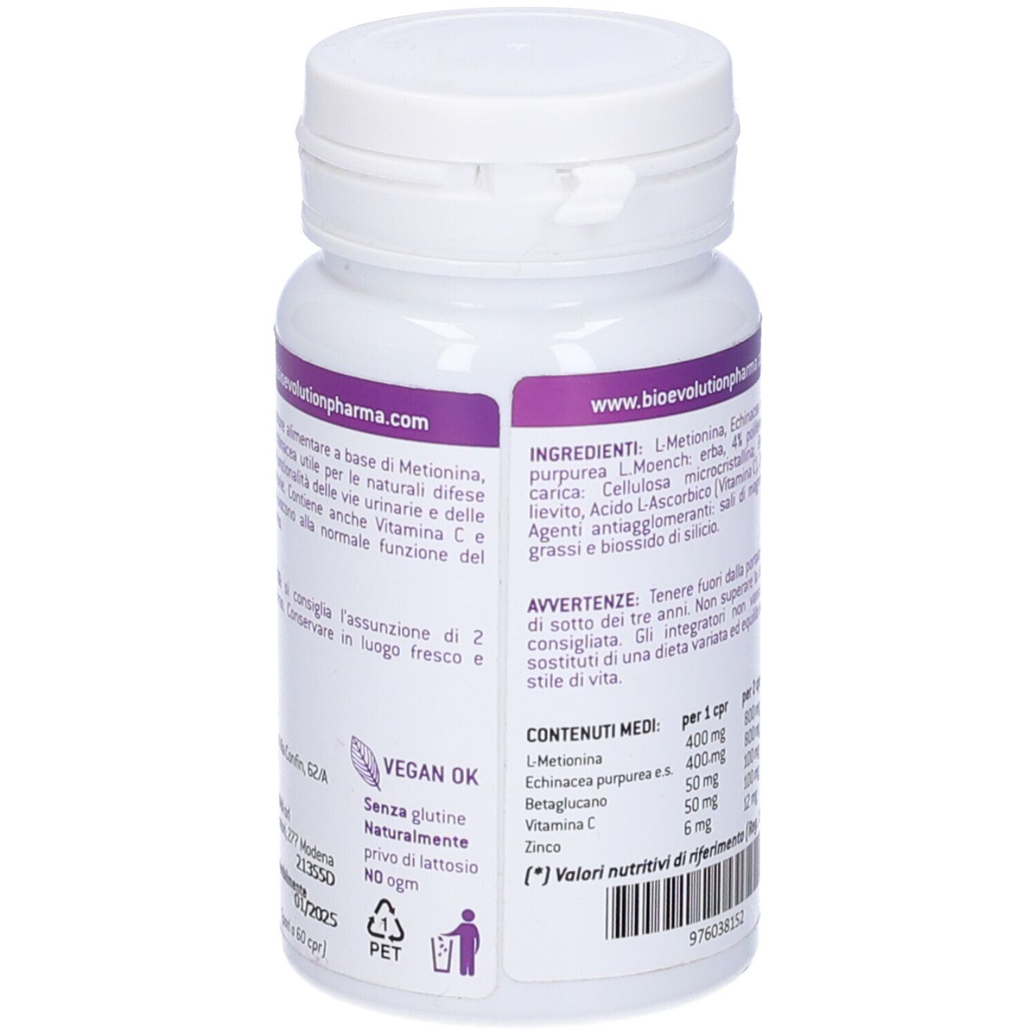 Flacone bianco con testo e informazioni sugli ingredienti. Etichetta viola con logo. Indirizzo del sito web.