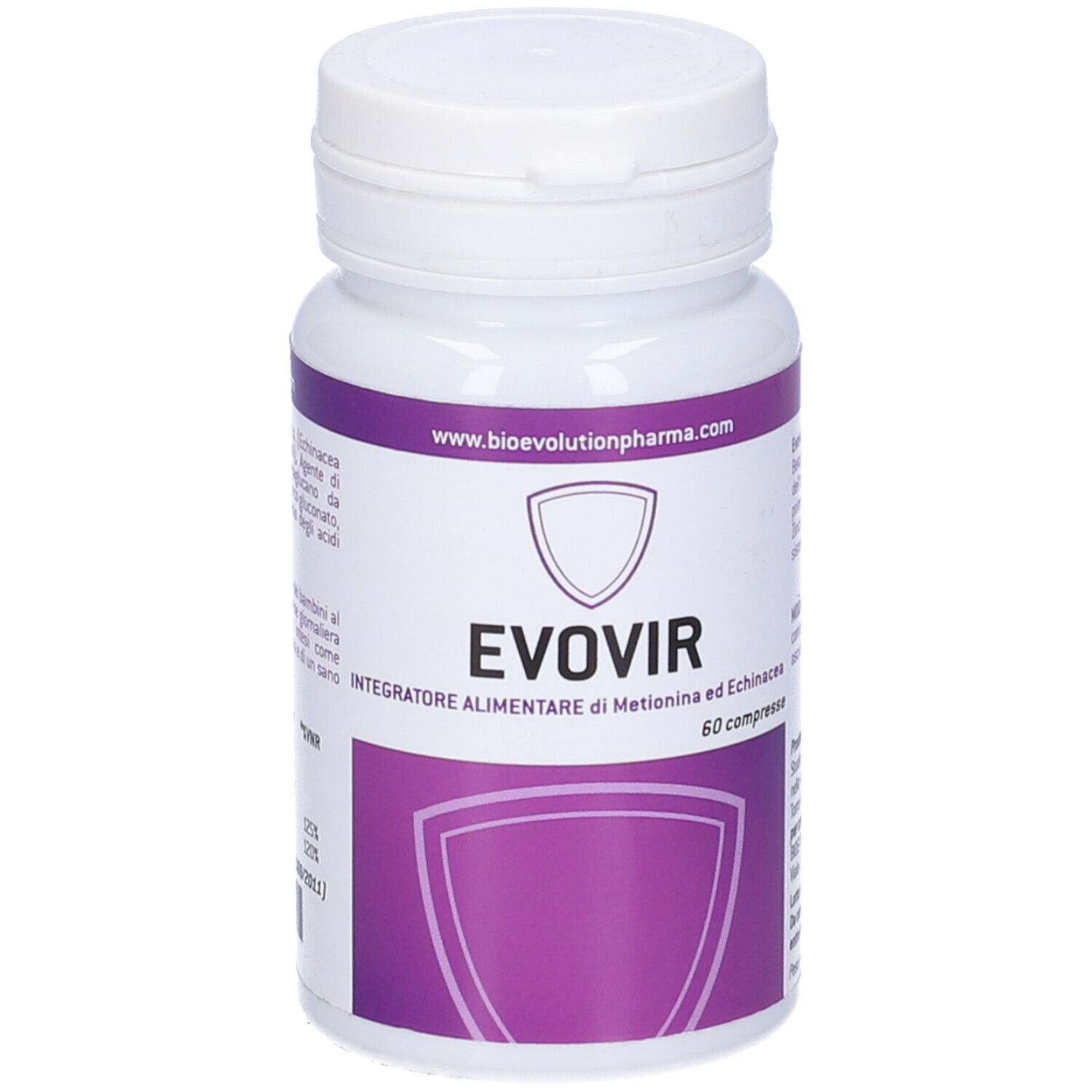 Flacone bianco con etichetta viola. Scritta: EVOVIR, 60 compresse. Logo e indirizzo del sito web.