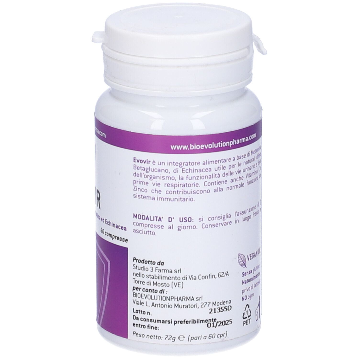 Flacone bianco con testo e informazioni sugli ingredienti. Etichetta viola con logo. Indirizzo del sito web.