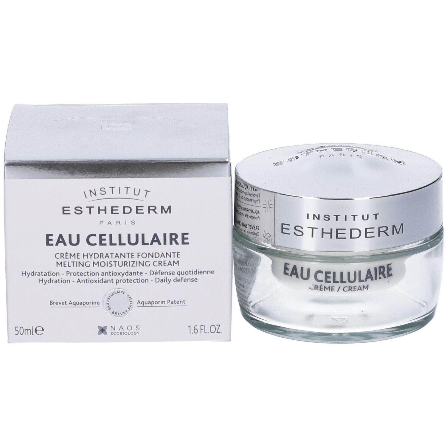 Confezione e vasetto di vetro. Scritta: INSTITUT ESTHEDERM, EAU CELLULAIRE. 50ml, 1.6 FL.OZ.