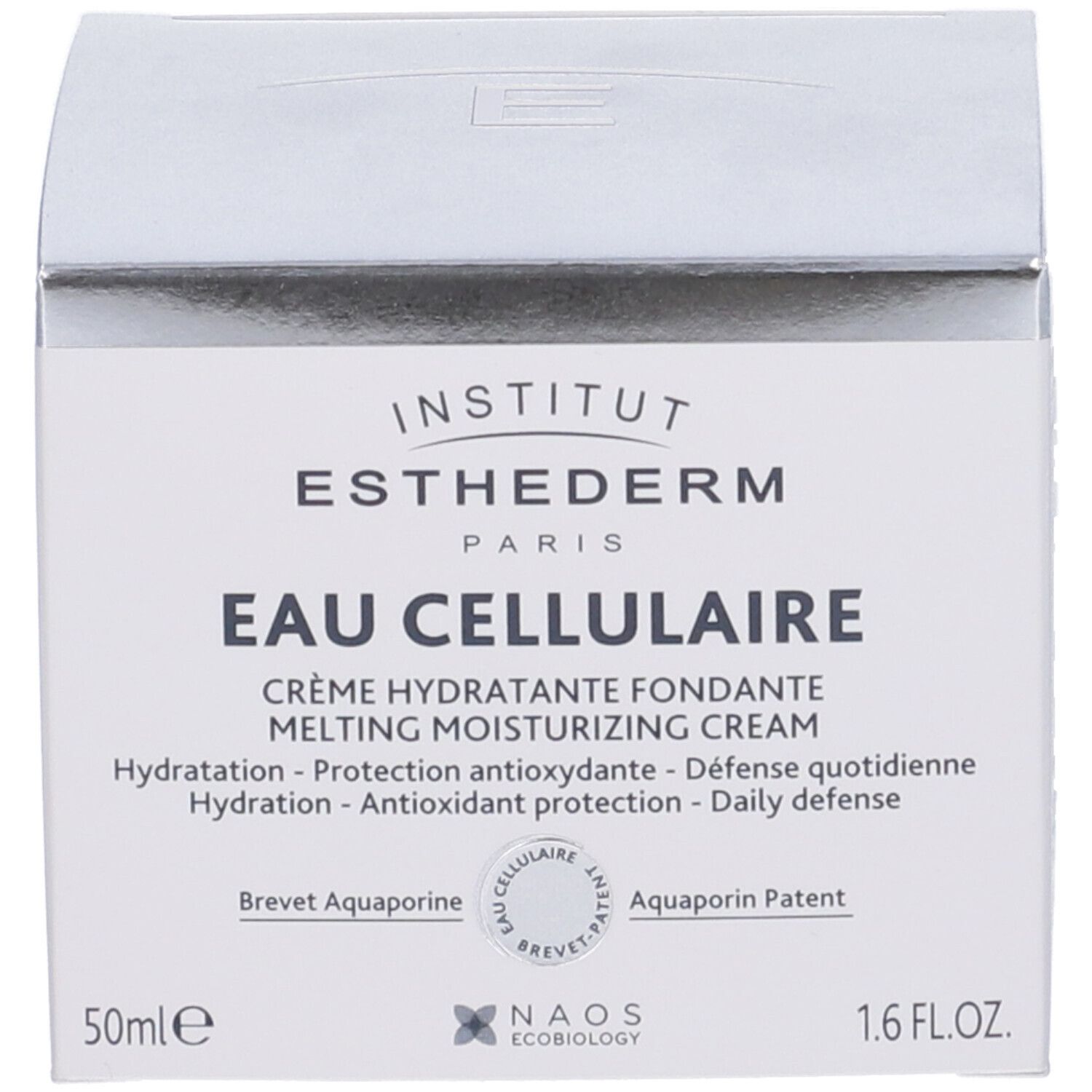 Confezione del prodotto. Scritta: INSTITUT ESTHEDERM, EAU CELLULAIRE. 50ml, 1.6 FL.OZ.