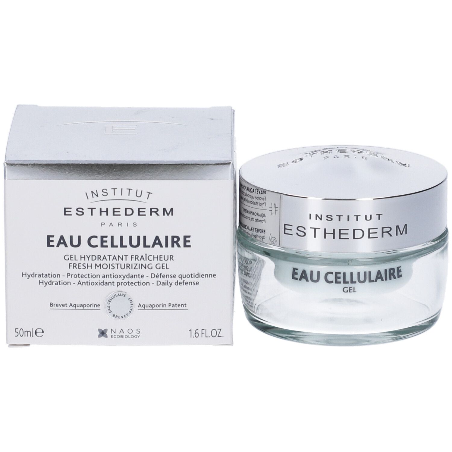 Confezione e vasetto in vetro. Scritta: Institut Esthederm, Eau Cellulaire Gel. 50ml, 1.6 FL.OZ.