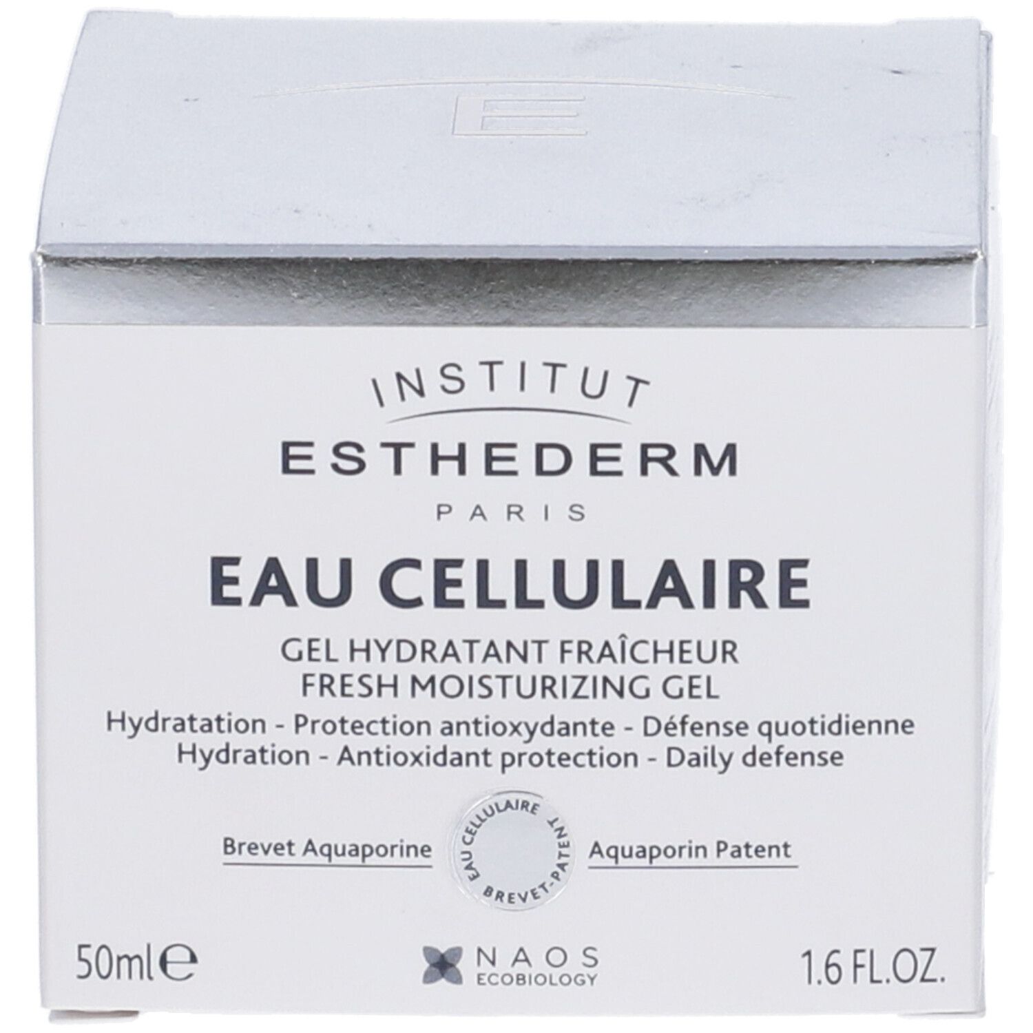 Confezione del prodotto. Scritta: Institut Esthederm, Eau Cellulaire Gel. 50ml, 1.6 FL.OZ.