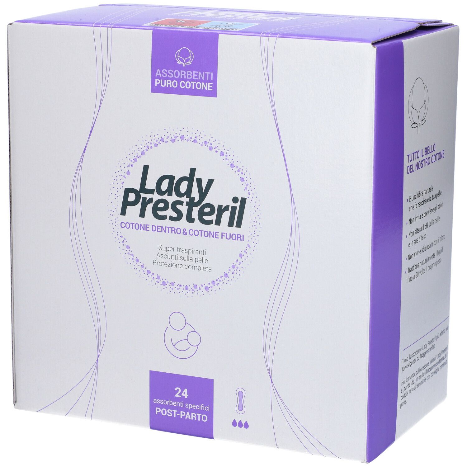 Confezione Lady Presteril. Scritta: cotone dentro e fuori. 24 assorbenti post-partum. Confezione viola e bianca.