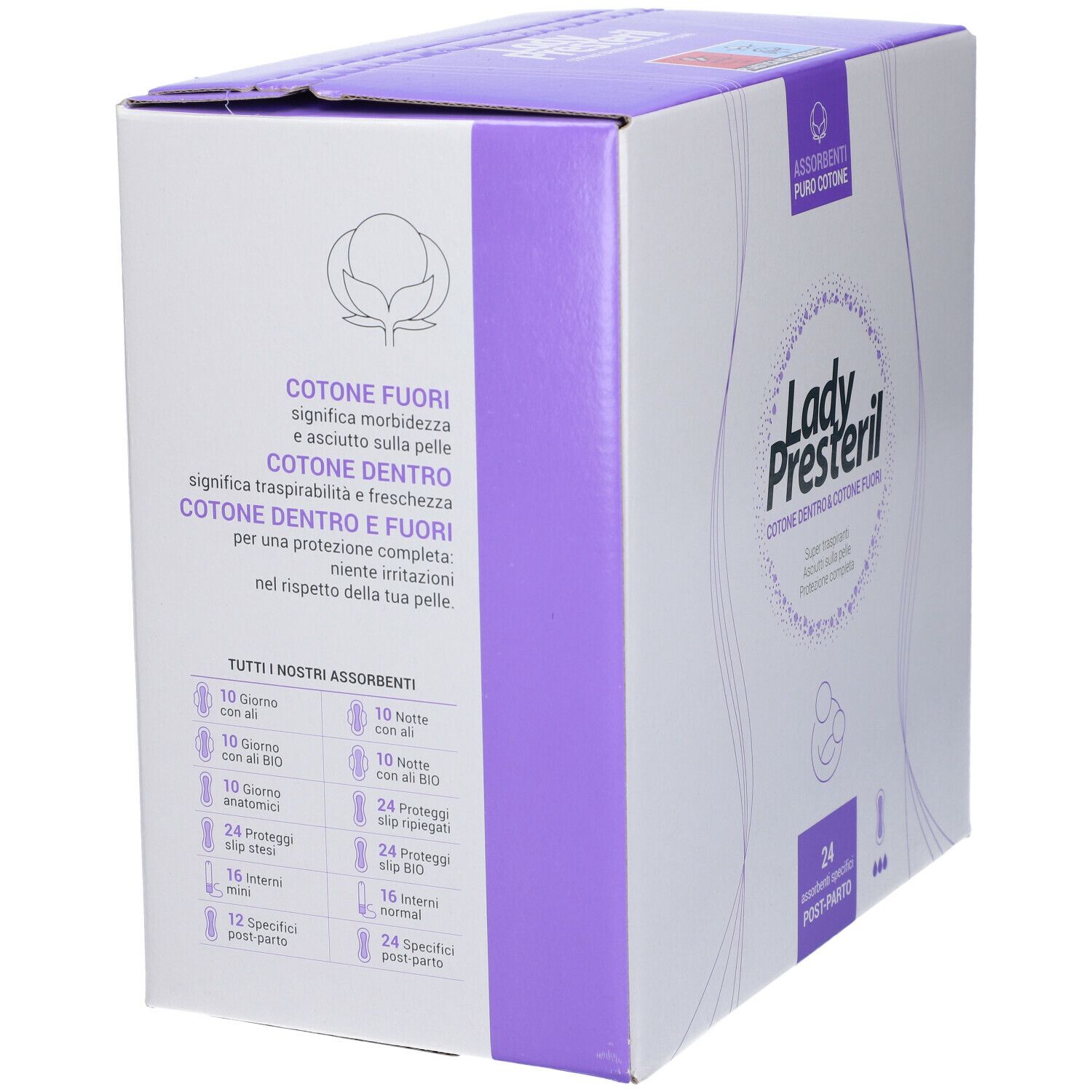 Confezione Lady Presteril. Scritta: cotone dentro e fuori. 24 assorbenti post-partum. Confezione viola e bianca.