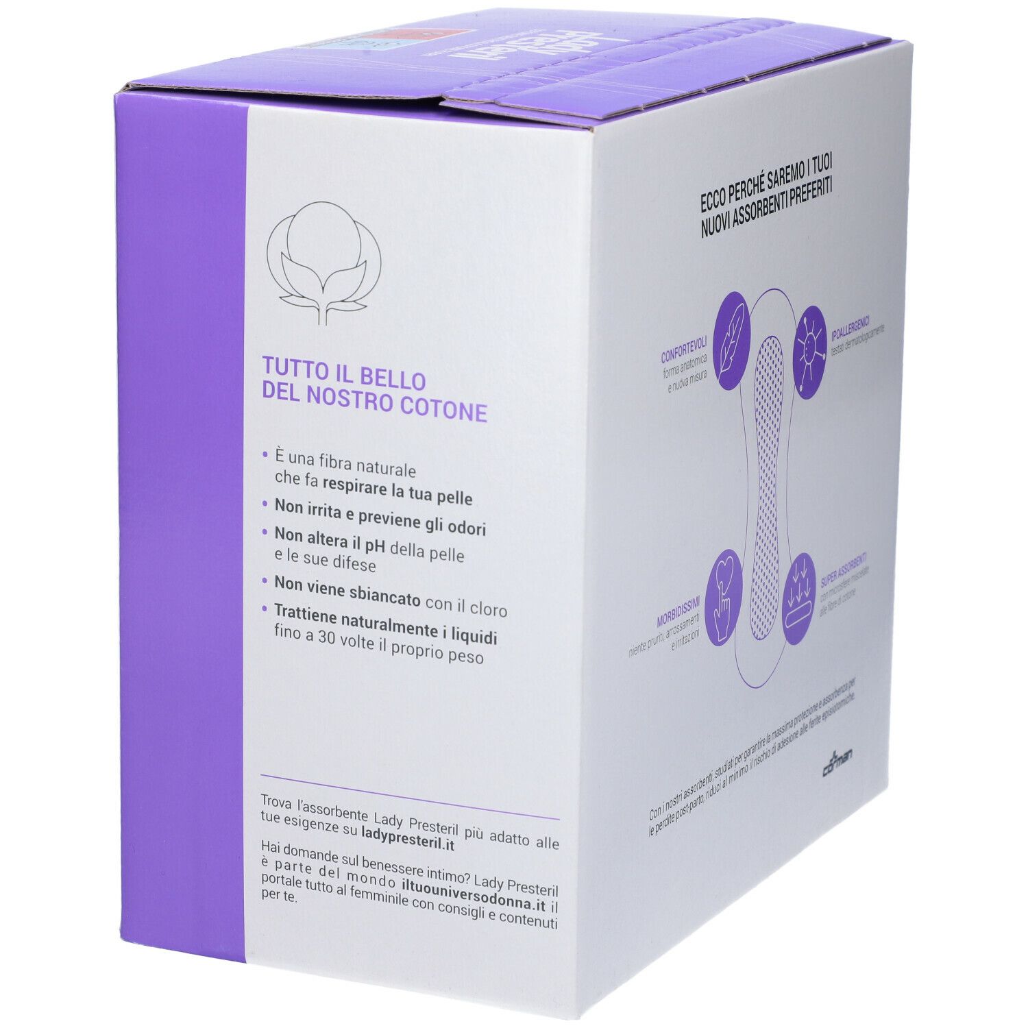 Confezione Lady Presteril. Scritta: cotone dentro e fuori. 24 assorbenti post-partum. Confezione viola e bianca.