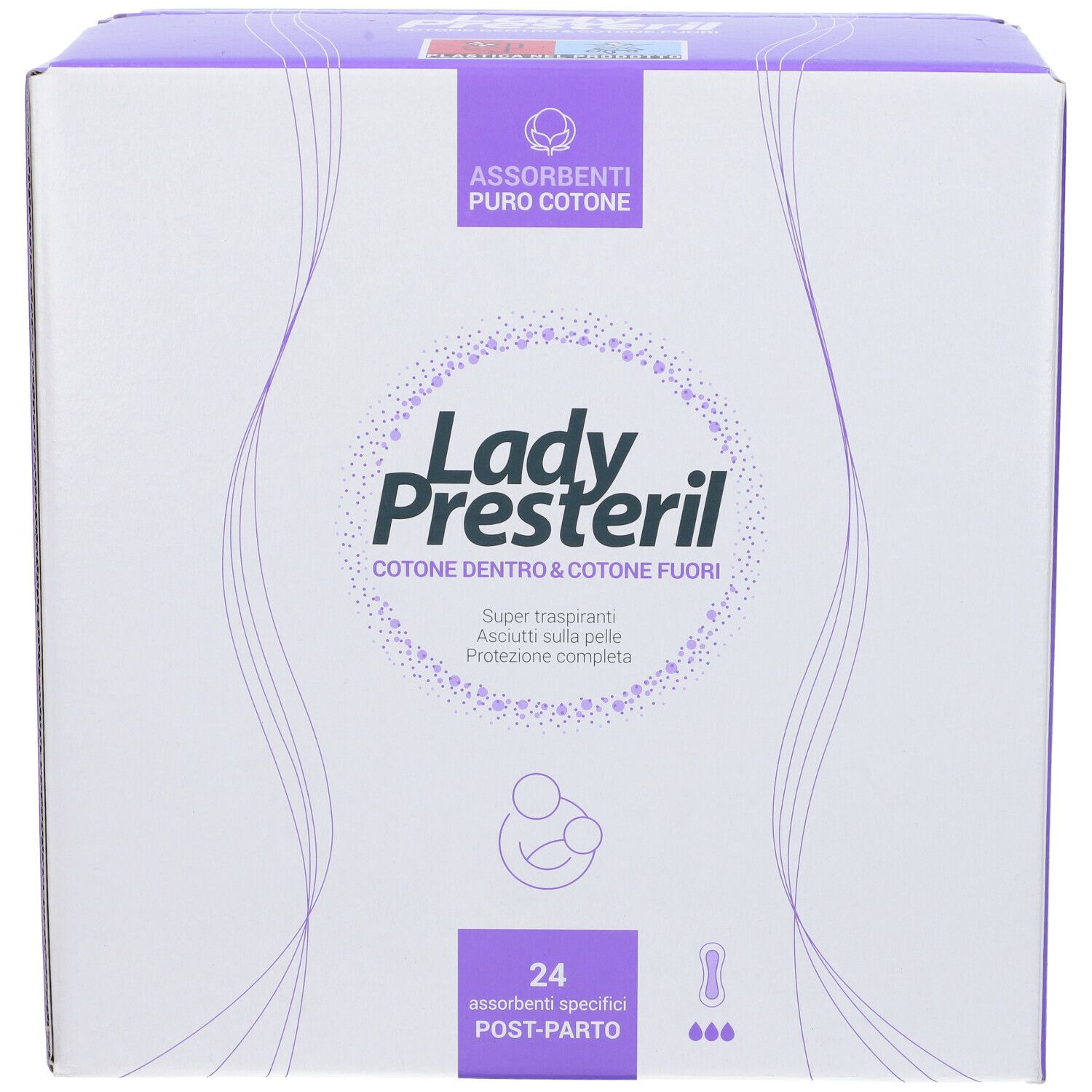 Confezione Lady Presteril. Scritta: cotone dentro e fuori. 24 assorbenti post-partum. Confezione viola e bianca.