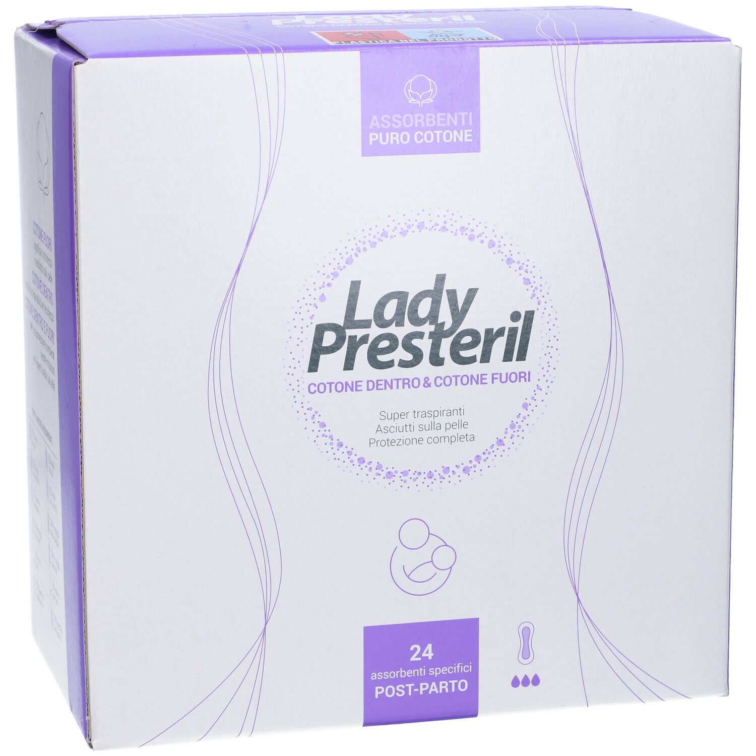 Confezione Lady Presteril. Scritta: cotone dentro e fuori. 24 assorbenti post-partum. Confezione viola e bianca.