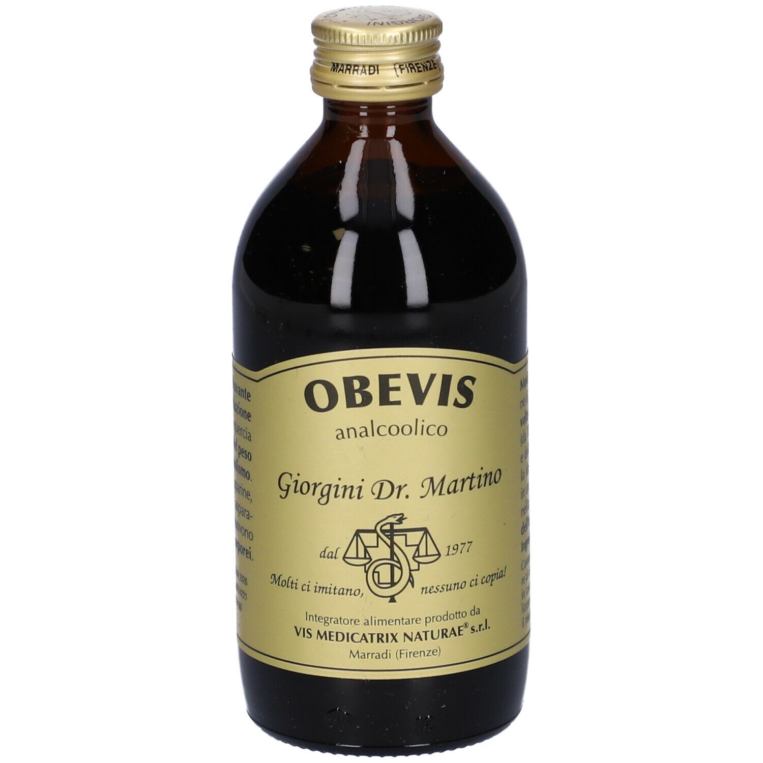 Bottiglia di vetro marrone con tappo dorato. Scritta: Obevis analcoolico, Giorgini Dr. Martino.
