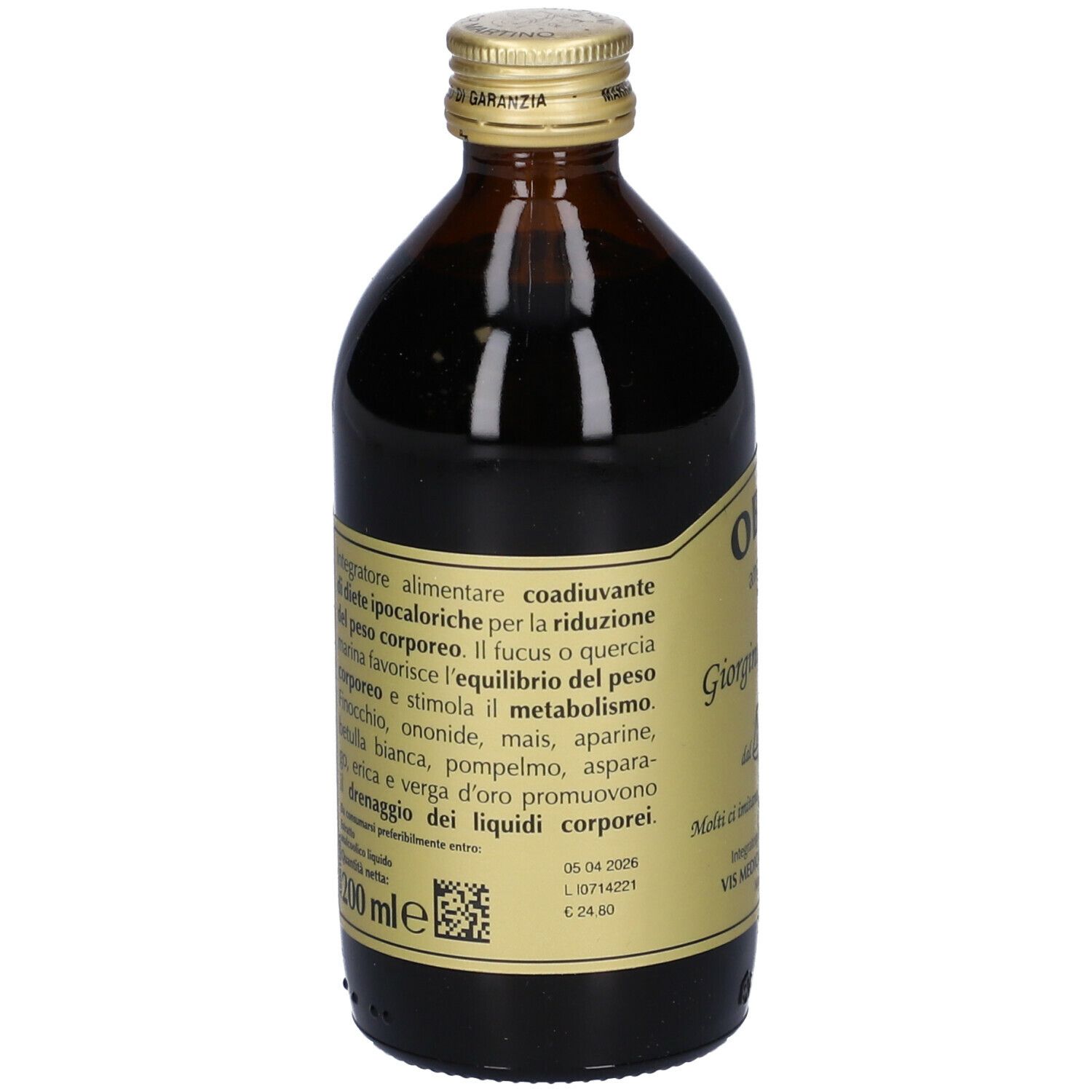 Bottiglia di vetro marrone con tappo dorato. Scritta: Obevis analcoolico, Giorgini Dr. Martino. Etichetta con ingredienti.