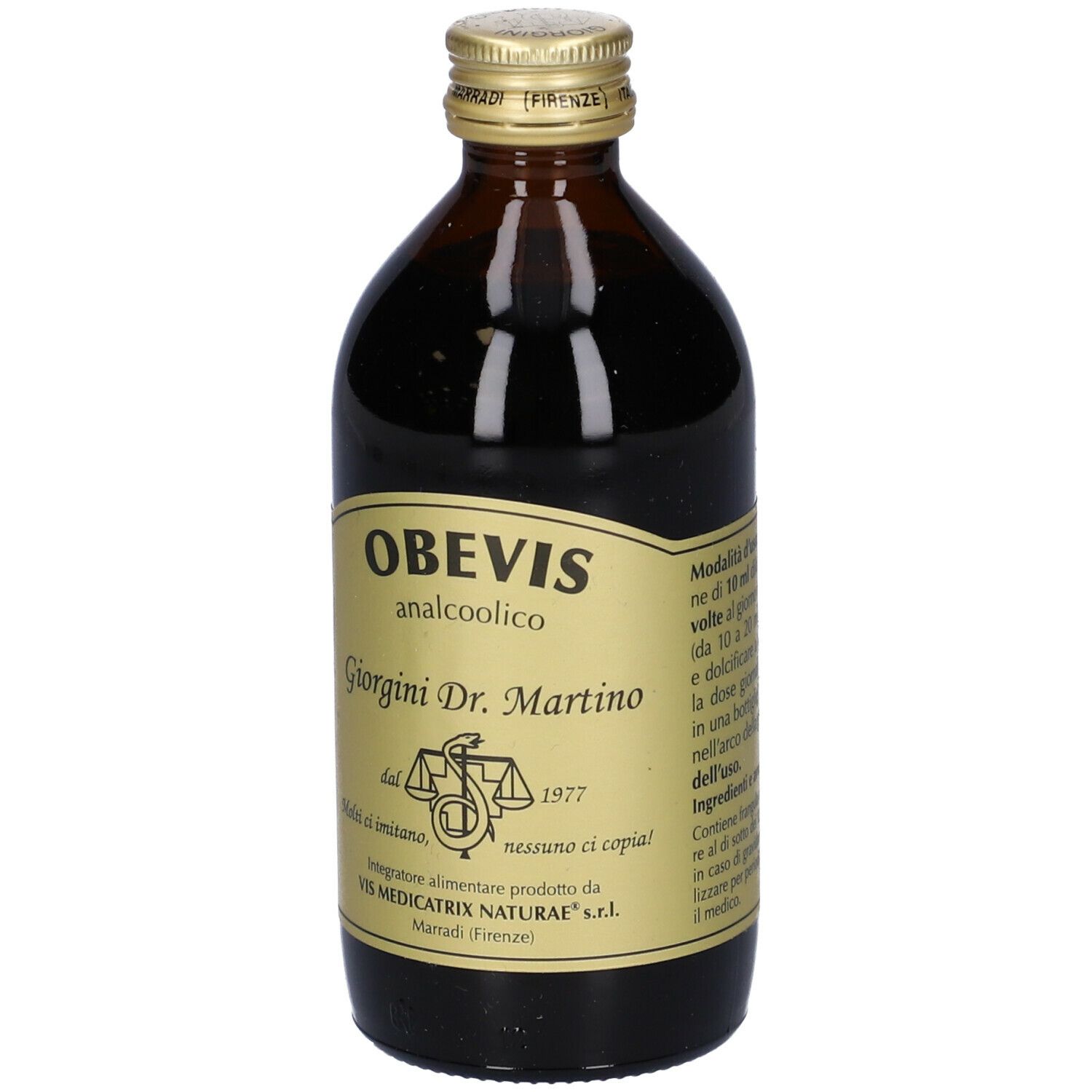 Bottiglia di vetro marrone con tappo dorato. Scritta: Obevis analcoolico, Giorgini Dr. Martino.
