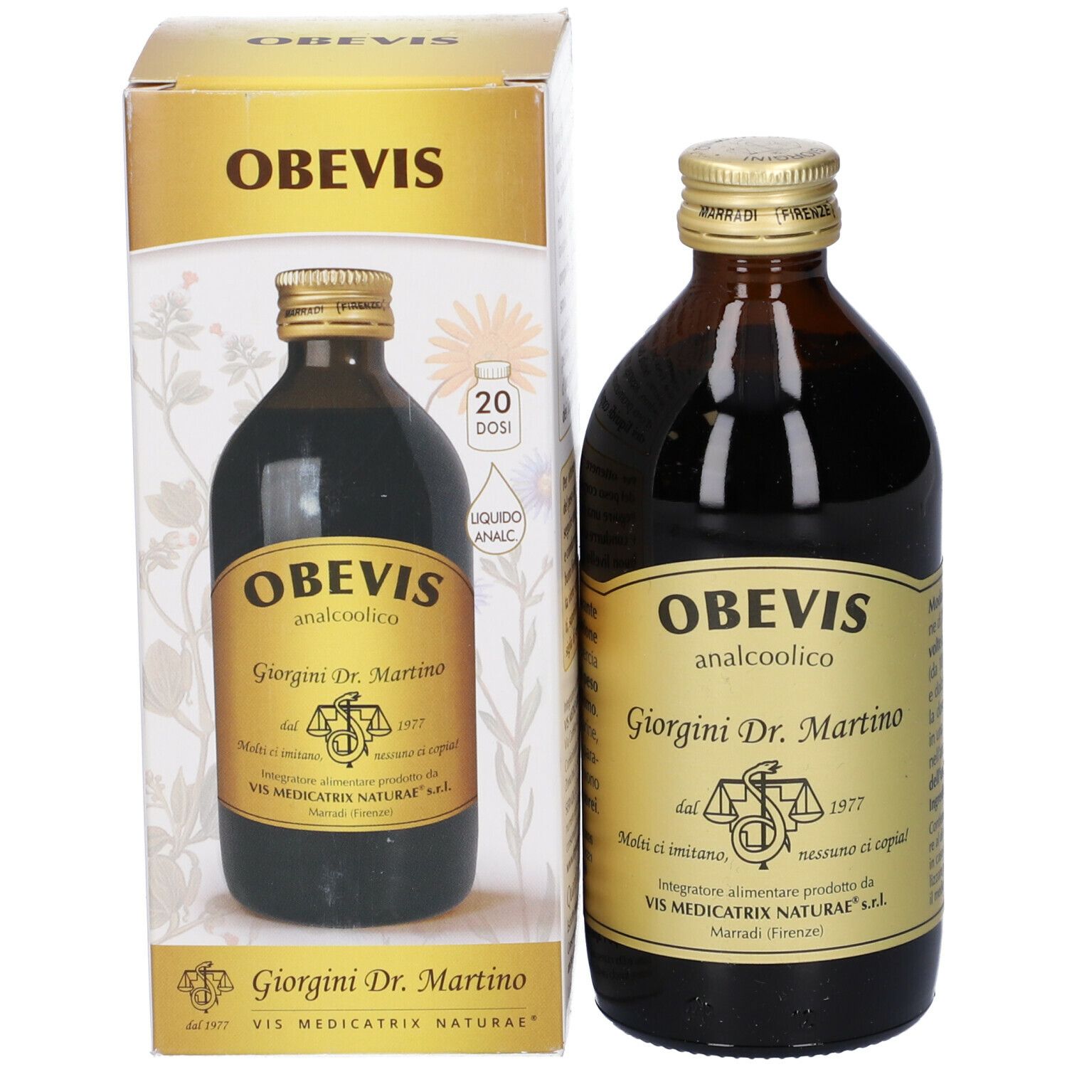 Bottiglia e confezione Obevis. Scritta: Obevis analcoolico, Giorgini Dr. Martino. Tappo dorato.