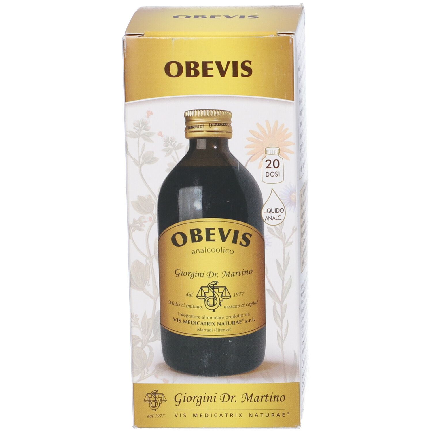 Bottiglia e confezione Obevis. Scritta: Obevis analcoolico, Giorgini Dr. Martino. Tappo dorato.