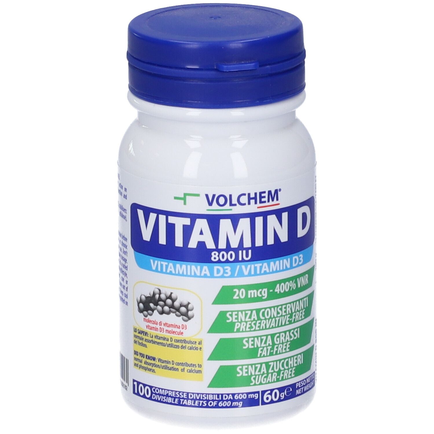 Flacone bianco con tappo blu. Scritta: Vitamina D 800 UI. Contiene 100 compresse. Senza conservanti, grassi e zuccheri.