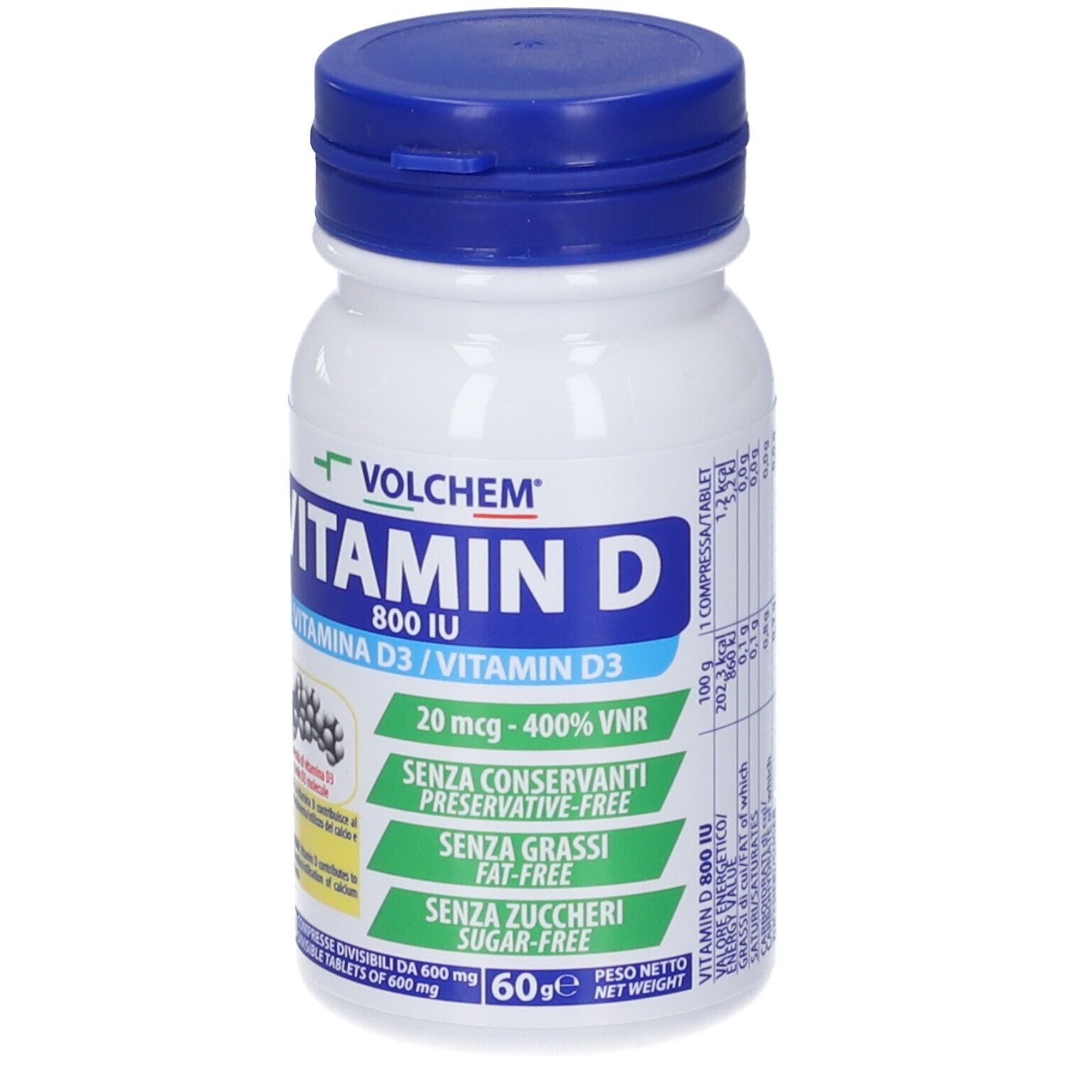Flacone bianco con tappo blu. Scritta: Vitamina D 800 UI. Contiene 100 compresse. Senza conservanti, grassi e zuccheri.