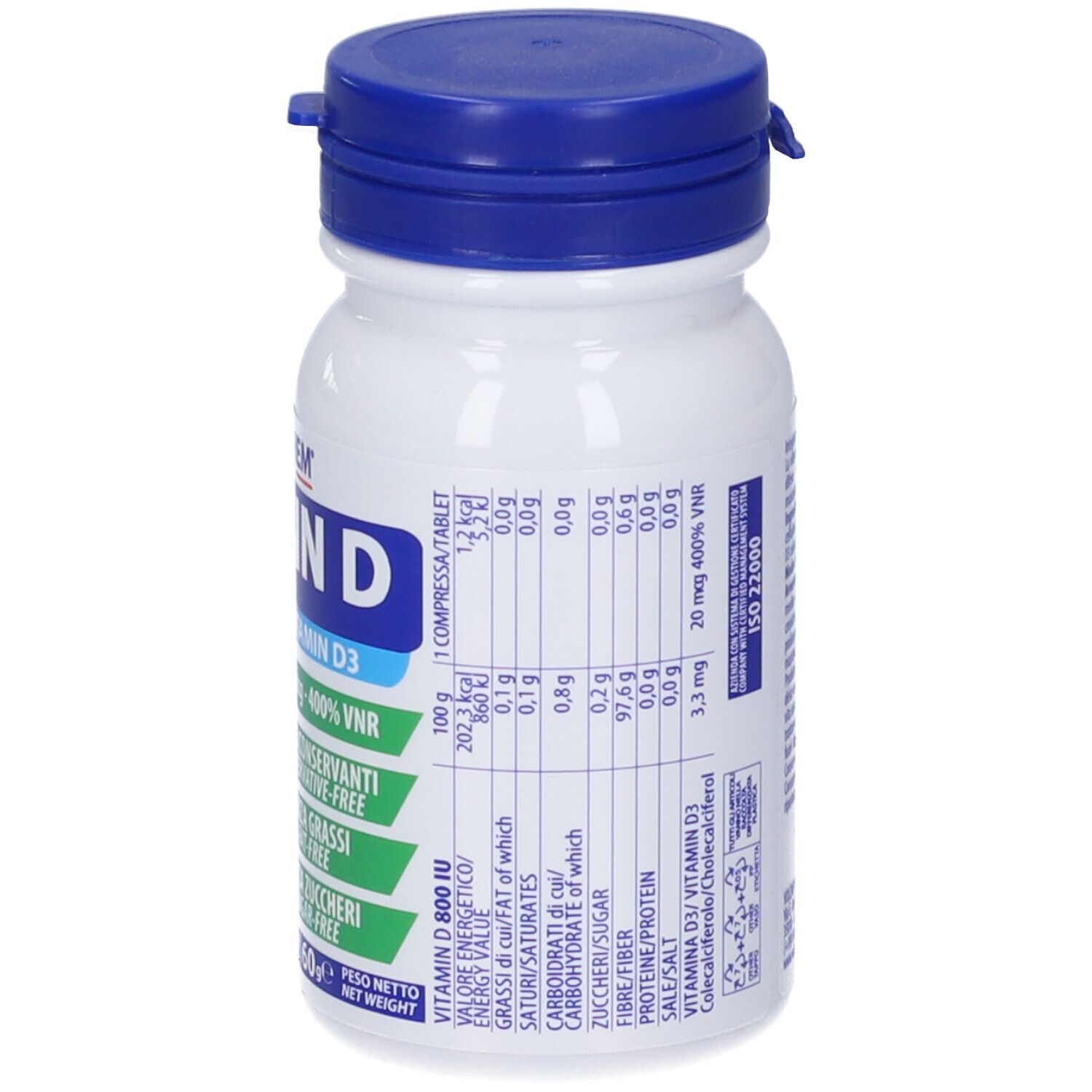 Retro del flacone bianco con tappo blu. Informazioni nutrizionali. Contiene 100 compresse. Con certificazione ISO 22000.