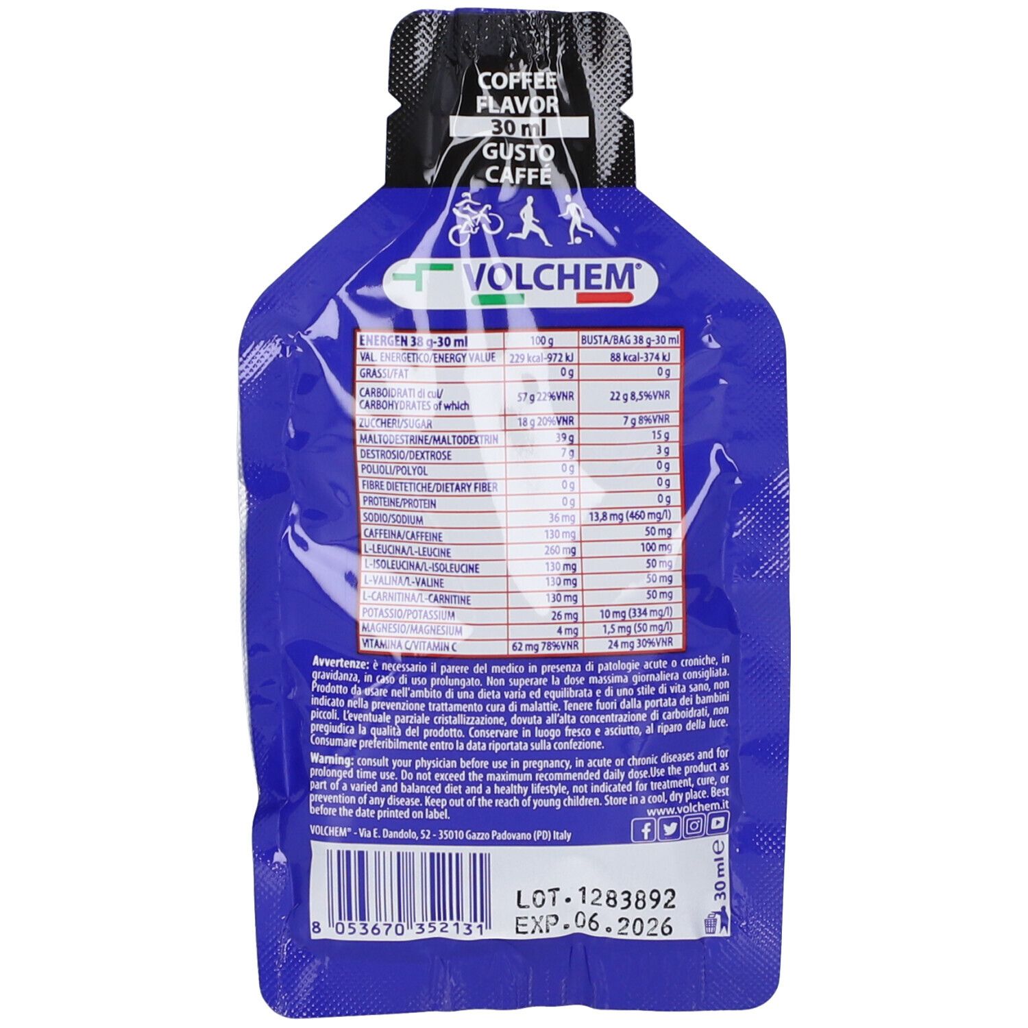 Retro del pacco gel blu. Contiene informazioni nutrizionali e avvertenze. Logo Volchem e data di scadenza.