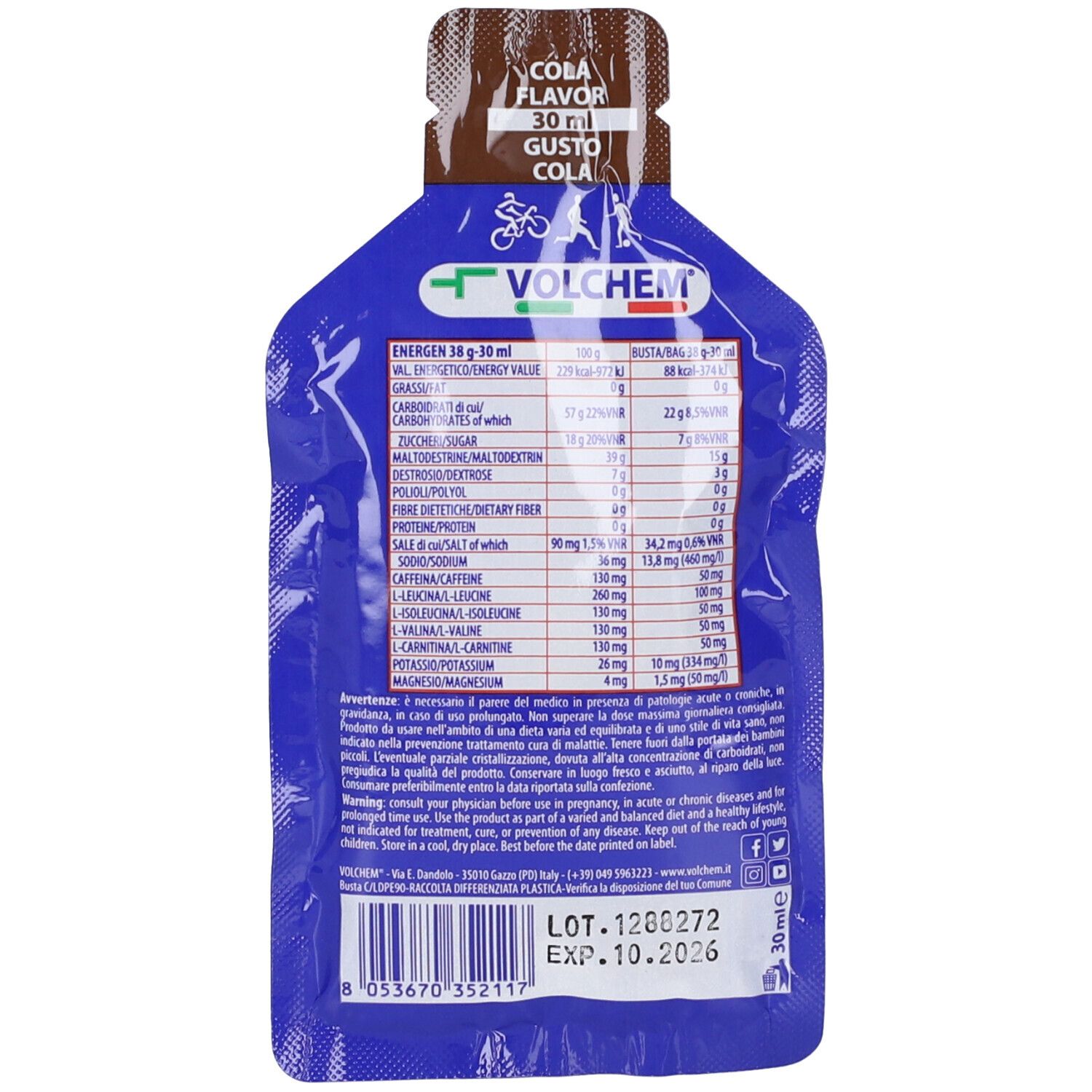 Retro confezione gel Energen. Contiene informazioni nutrizionali e ingredienti. Scadenza: 10.2026.